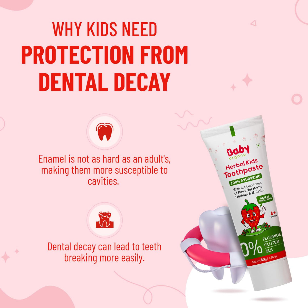 Babyorgano Herbal Kids Baby Toothpaste 0-5 Years 50gm, Strawberry Flavor, with Babool, Khadir & Lodhra Stregthen Gums, Bad Breath, Prevent Tooth Decay | Safe If Swallowed | Fluoride, SLS Free (Pack 1)