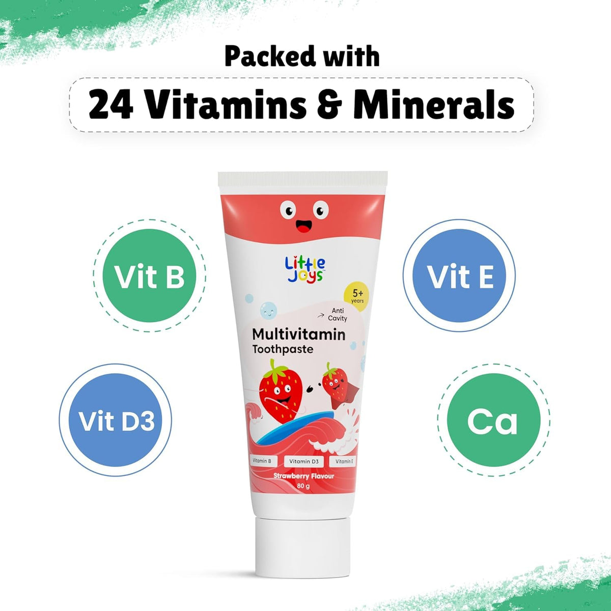 Little Joys Multivitamin Toothpaste 80g | for 5+ Years Kids | Strawberry Flavour | With Vitamin A, D3 & E | Fights Germs & Cavity