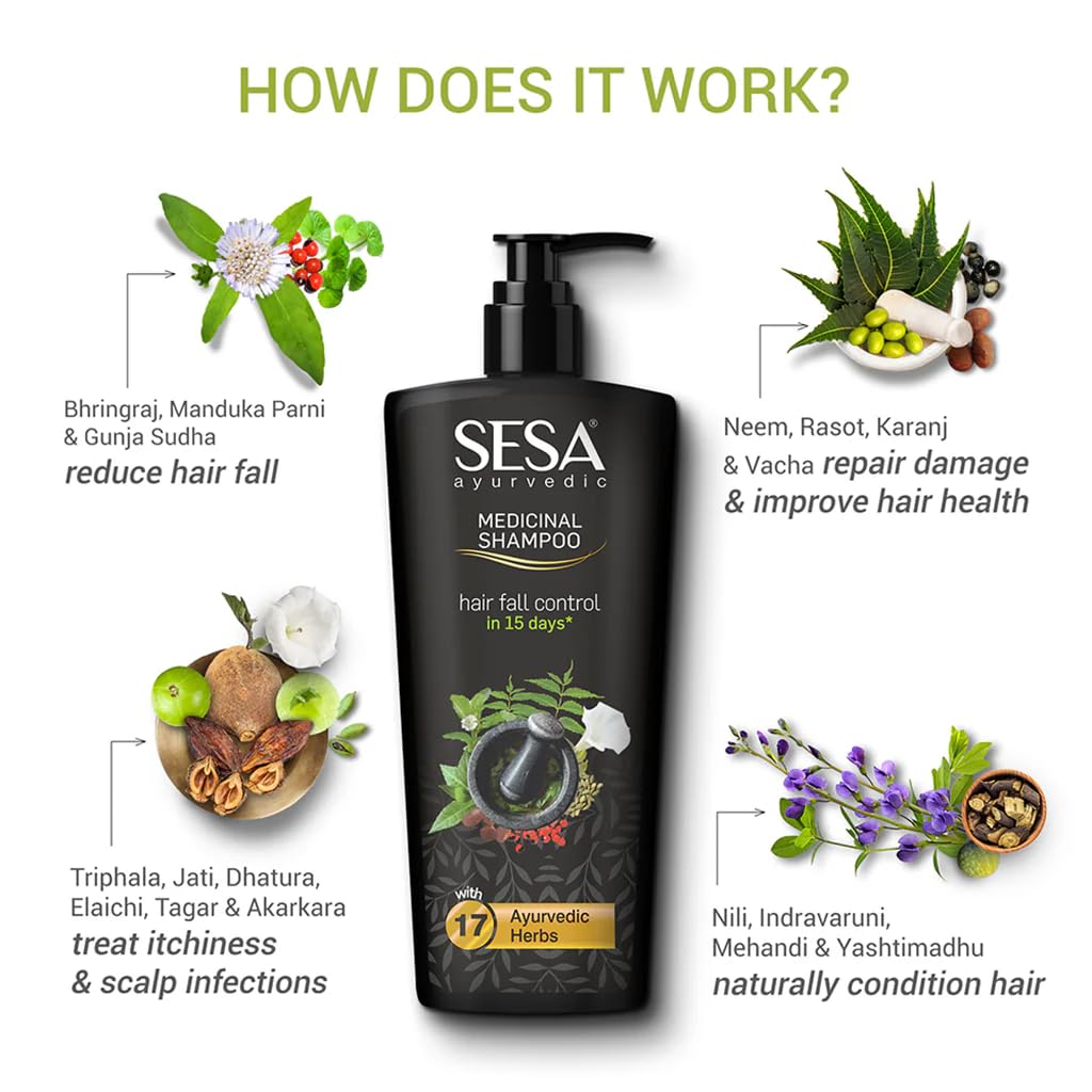 Sesa Ayurvedic Medicinal Shampoo Hairfall Control Anti Dandruff Shampoo Infused with 17 Ayurvedic Herbs Smooth & Shiny Hair For Men & Women (500 ml)