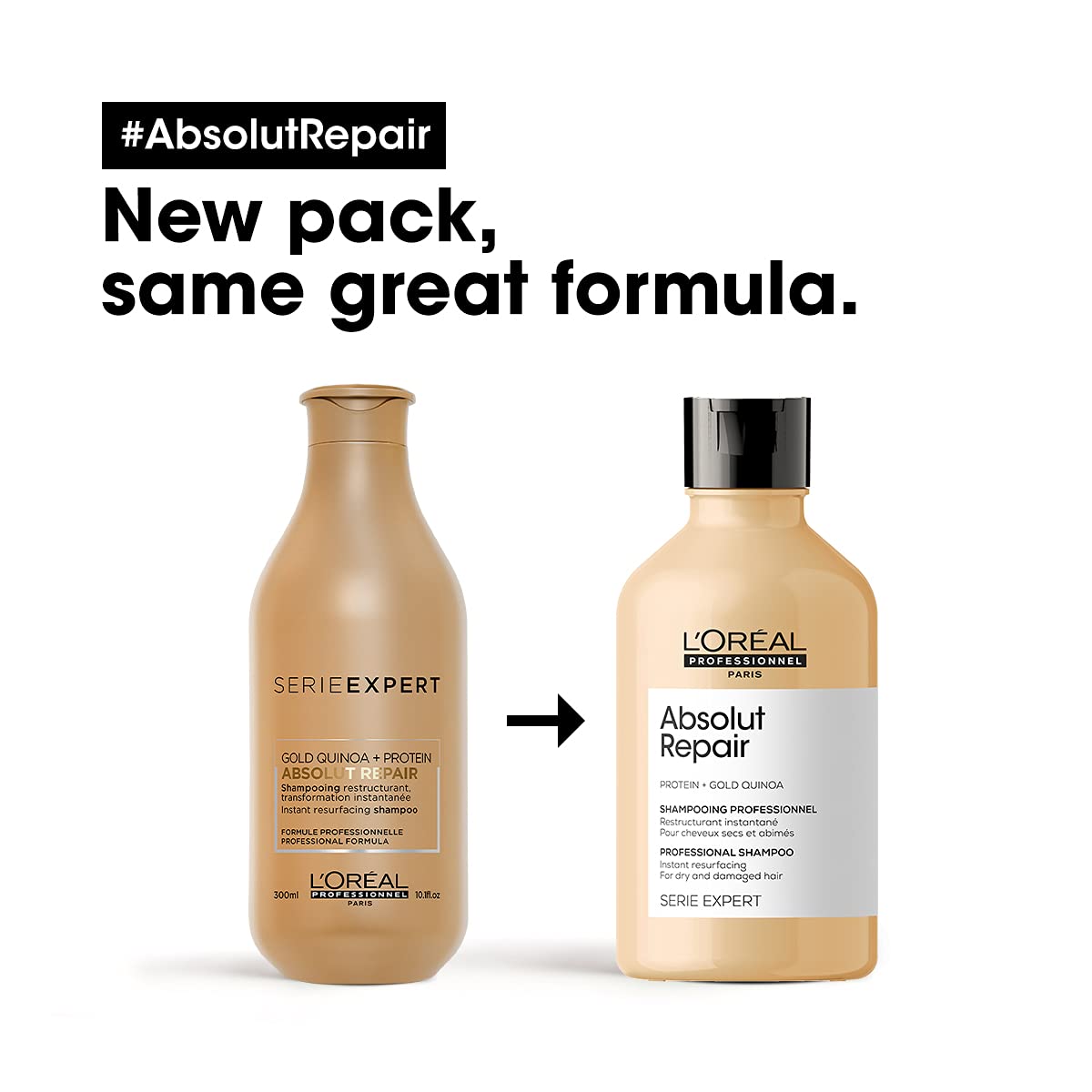 L'Oréal Professionnel Absolut Repair Shampoo With Protein And Gold Quinoa For Dry And Damaged Hair, Serie Expert, 300Ml