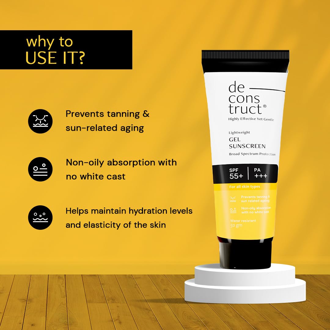 Deconstruct Face Gel Sunscreen SPF 55+ and PA+++ | Gel based sunscreen for oily skin, combination skin, normal skin | Broad spectrum sunscreen, No White Cast, Lightweight, Non greasy | Higher protection than sunscreen SPF 50 - 50g