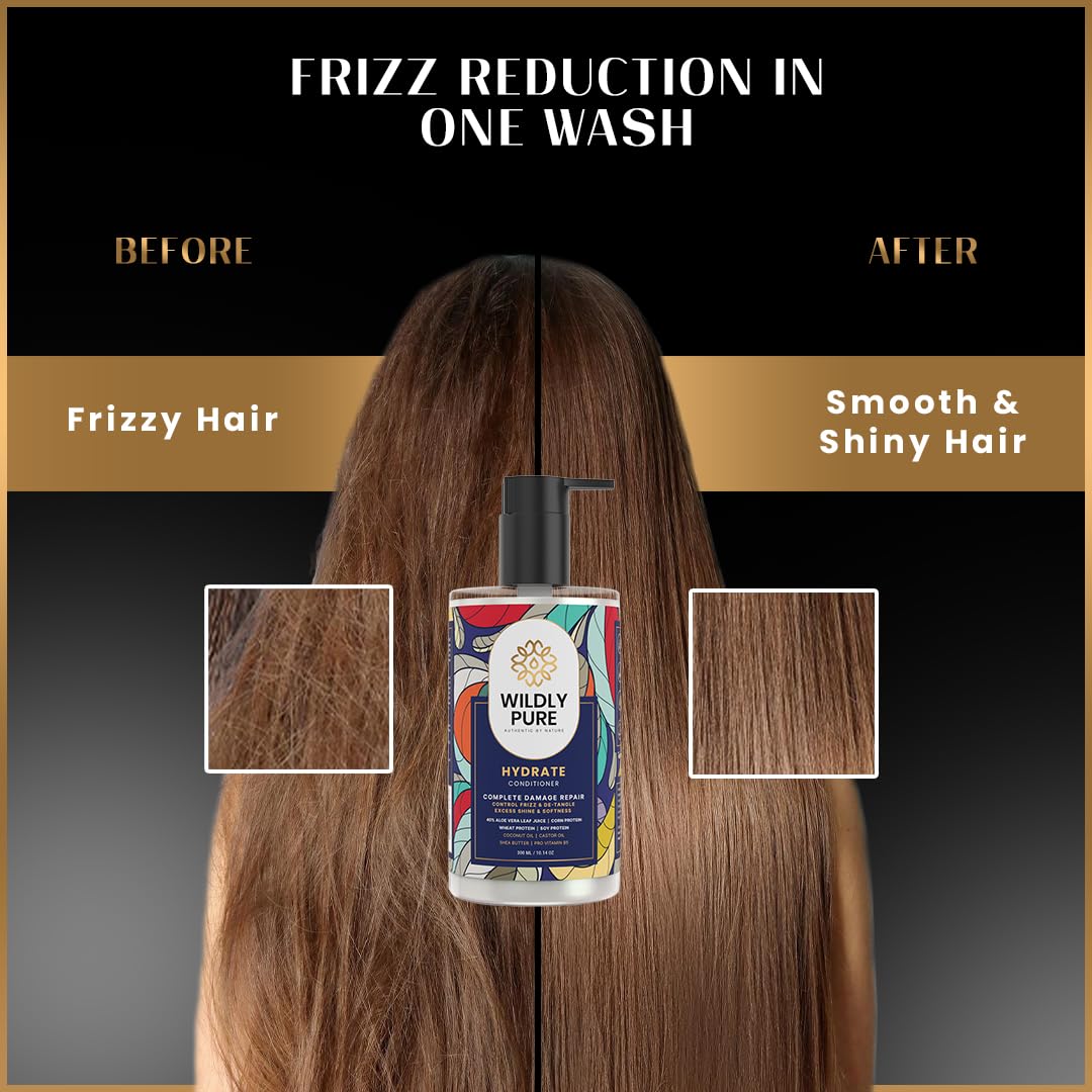 Wildly Pure Natural Conditioner for Dry & Frizzy Hair| Deep Conditioning & Smoothening| Natural Biolipid Complex for 72 Hours of Smoothening | 70% Frizz Reduction in One wash| Strenthinening & Repair for Damaged Hair| Men & Women| 300mL (Hydrate)