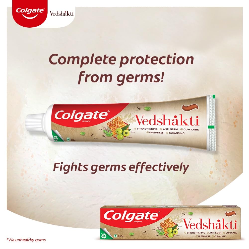 Colgate Vedshakti Toothpaste, Anti-Bacterial Tooth Paste for Whole Mouth Health and Fresh Breath, With Neem, Clove, and Honey, 400g, 200g X 2 (Combo Pack Offer)