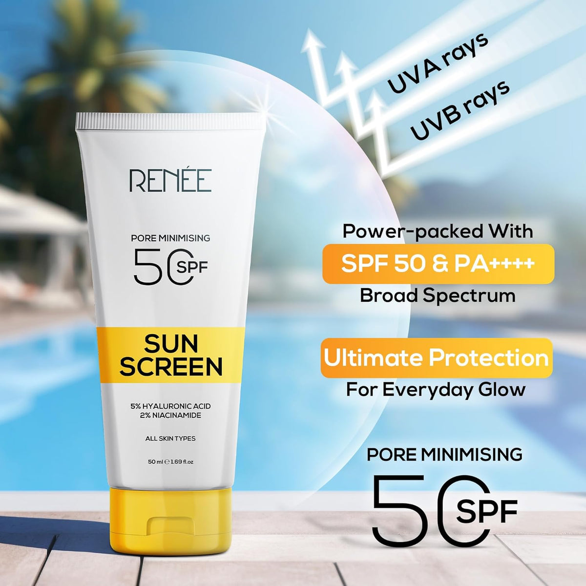 RENEE Pore Minimizing Sunscreen Spf 50 With 5% Hyaluronic Acid & 2% Niacinamide For All Skins, 50Ml