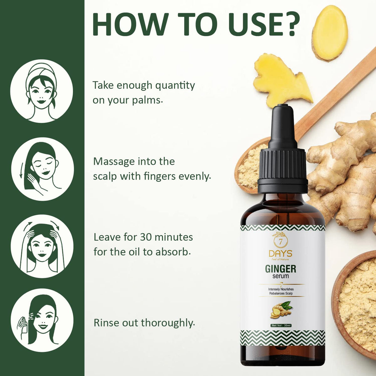 7 DAYS Ginger Hair Growth Serum for Strengthens Weak Hair with Ginger Oil & Sunflower Oil(30 Ml)