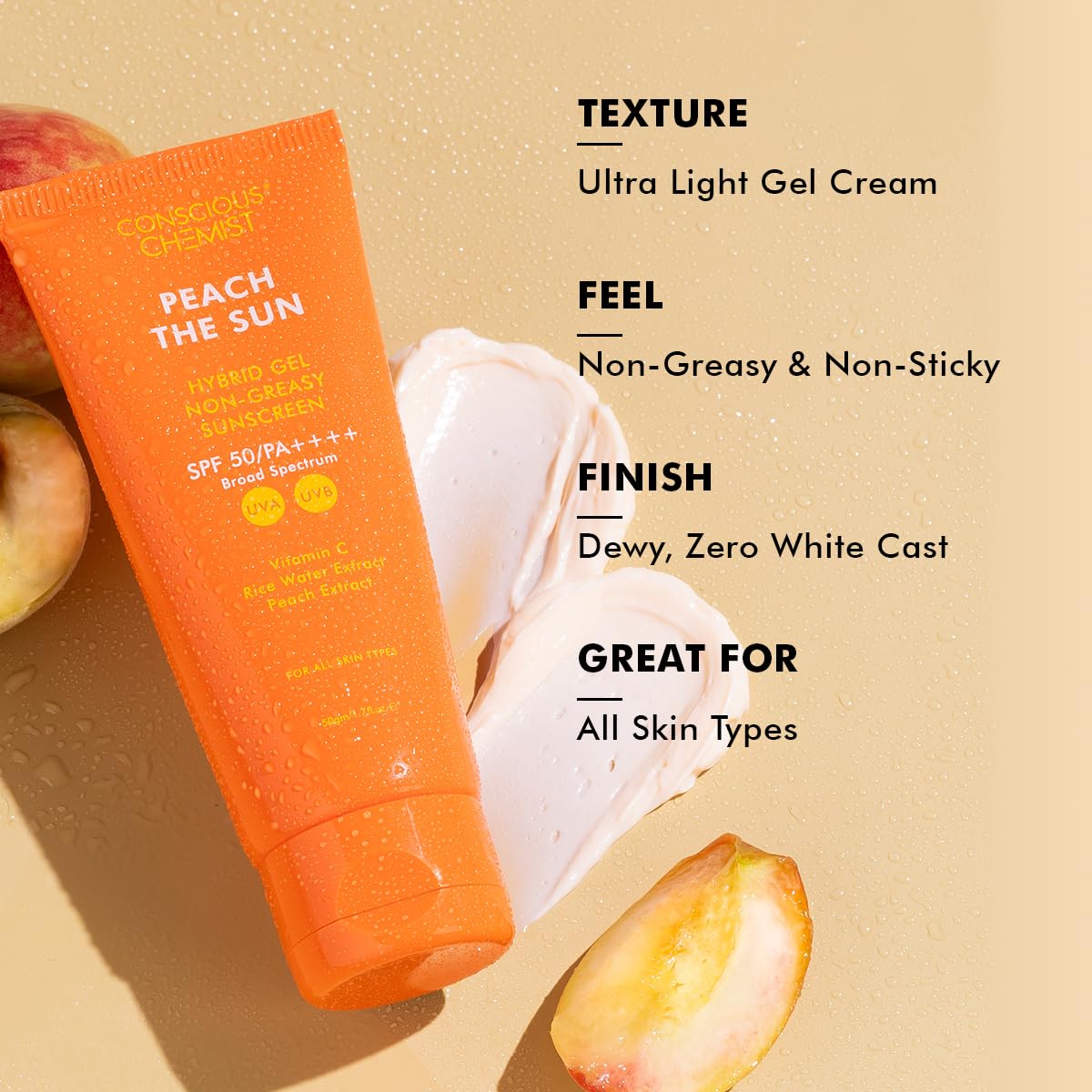 The Sun Hybrid Gel Sunscreen SPF 50 PA ++++ With Vitamin C, Rice Water & Peach Extract | Non-Greasy, No White-Cast | All Skin Types, Cruelty Free | 50 g