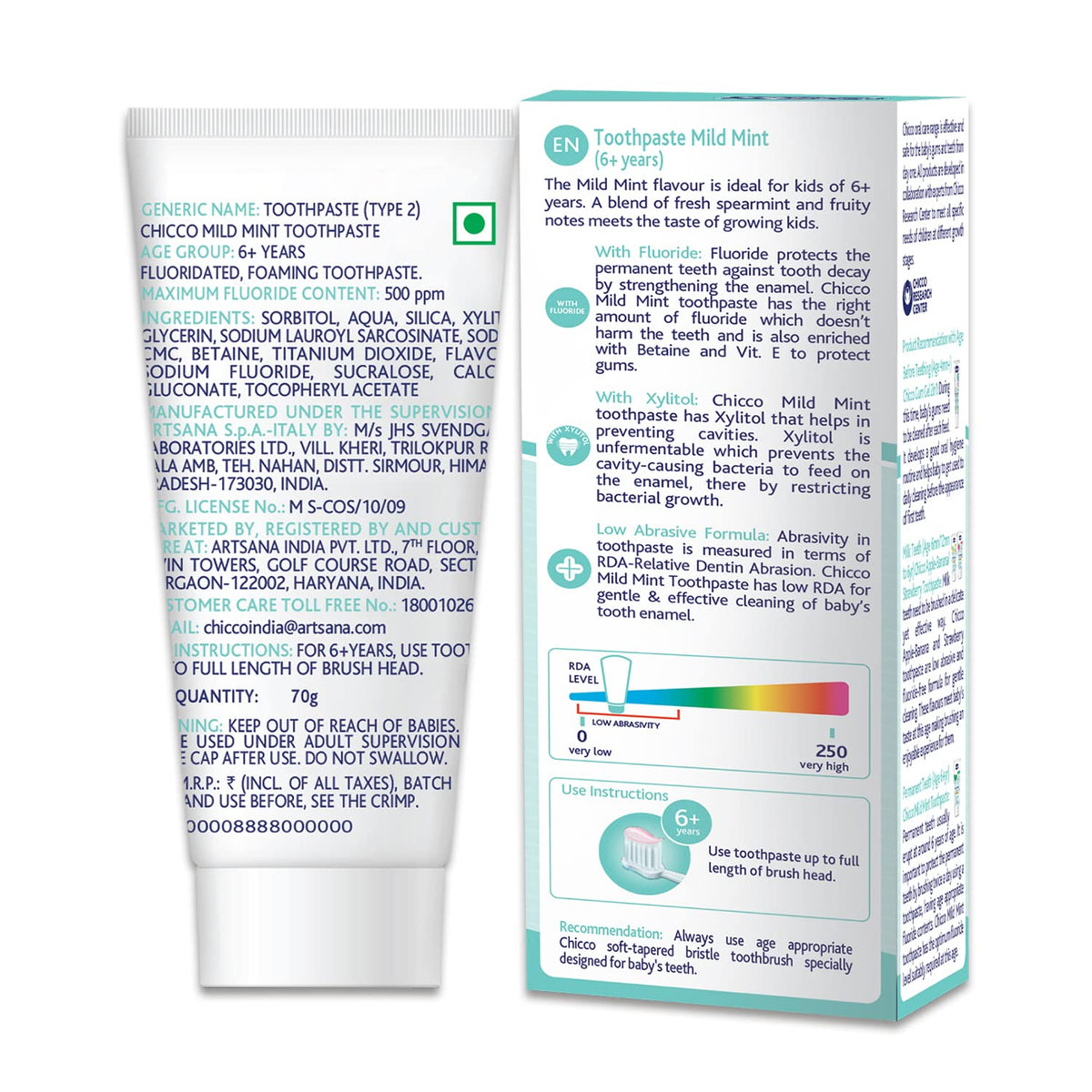 Chicco 70g Toothpaste, Mild Mint Flavour for 6Y+ Kids, Preservative-free, Cavity Protection