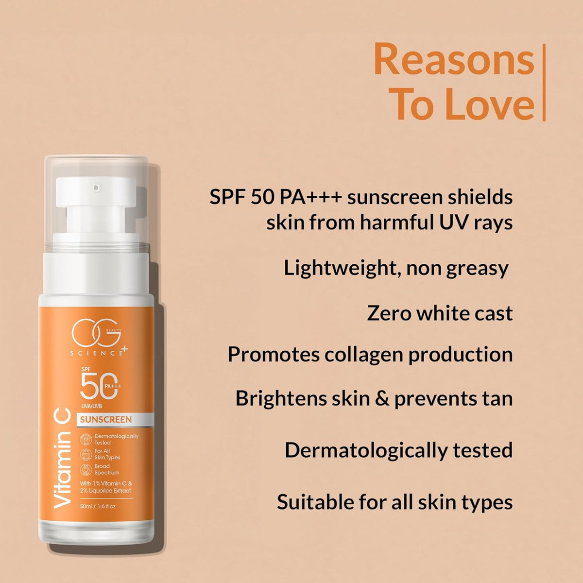 OG BEAUTY SCIENCE SPF 50 PA+++ Sunscreen with Vitamin C & Liquorice Extract - Dermatologically Tested - Broad Spectrum 50 Ml