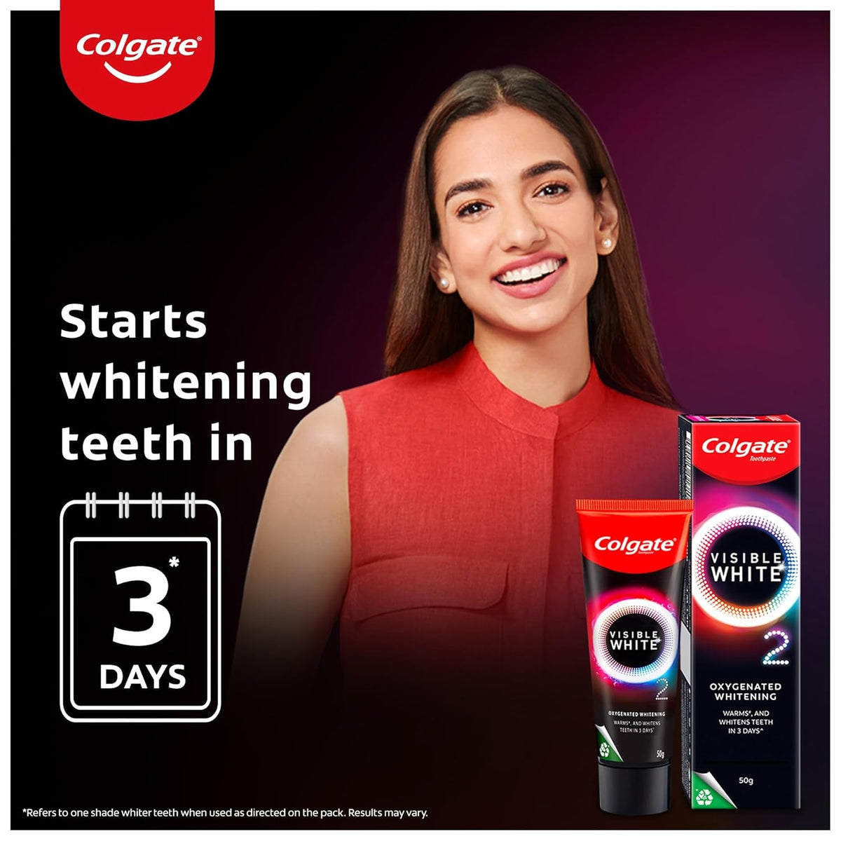 Colgate Visible White O2, Teeth Whitening Toothpaste (50g) for noticeably whiter teeth starting in 3 days. Peppermint Sparkle with Active Technology, Enamel Safe Teeth Whitening & Fresh Breath