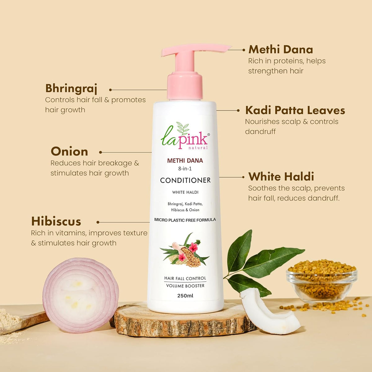 La Pink Methi Dana/Fenugreek Seeds 8-in-1 Hair Fall Conditioner 250ml for Men and Women | For Damaged and Weak Hair, Boosts Hair Volume with Hibiscus, Bhringraj, Indian bay Leaf & Onion, Sulphate Free