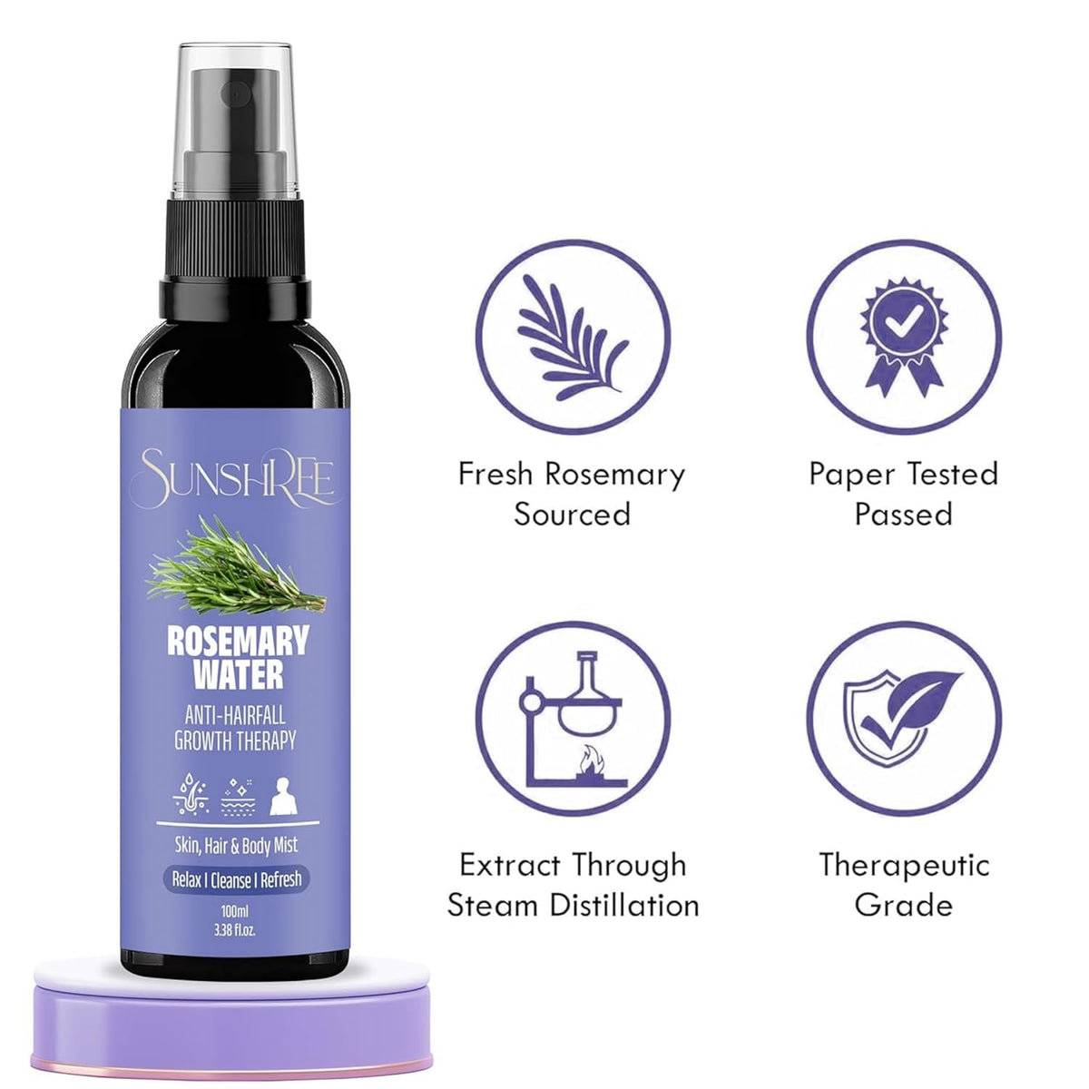 SUNSHREE Rosemary Water for Hair Growth, Hair Fall Control |100% Pure & Natural | ANTI-HAIRFALL GROWTH THERAPY | Skin, Body & Hair Mist-100mL (Pack of 1)