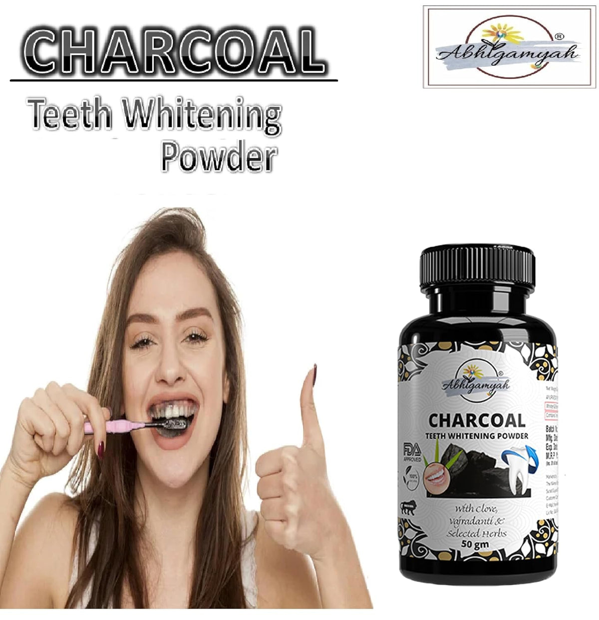 Abhigamyah Charcoal Teeth Whitening Powder, With Clove,Vajradanti & Selected Herbs, Gutkha Stain and Yellow Teeth Removal powder (50 g) Pack Of -1