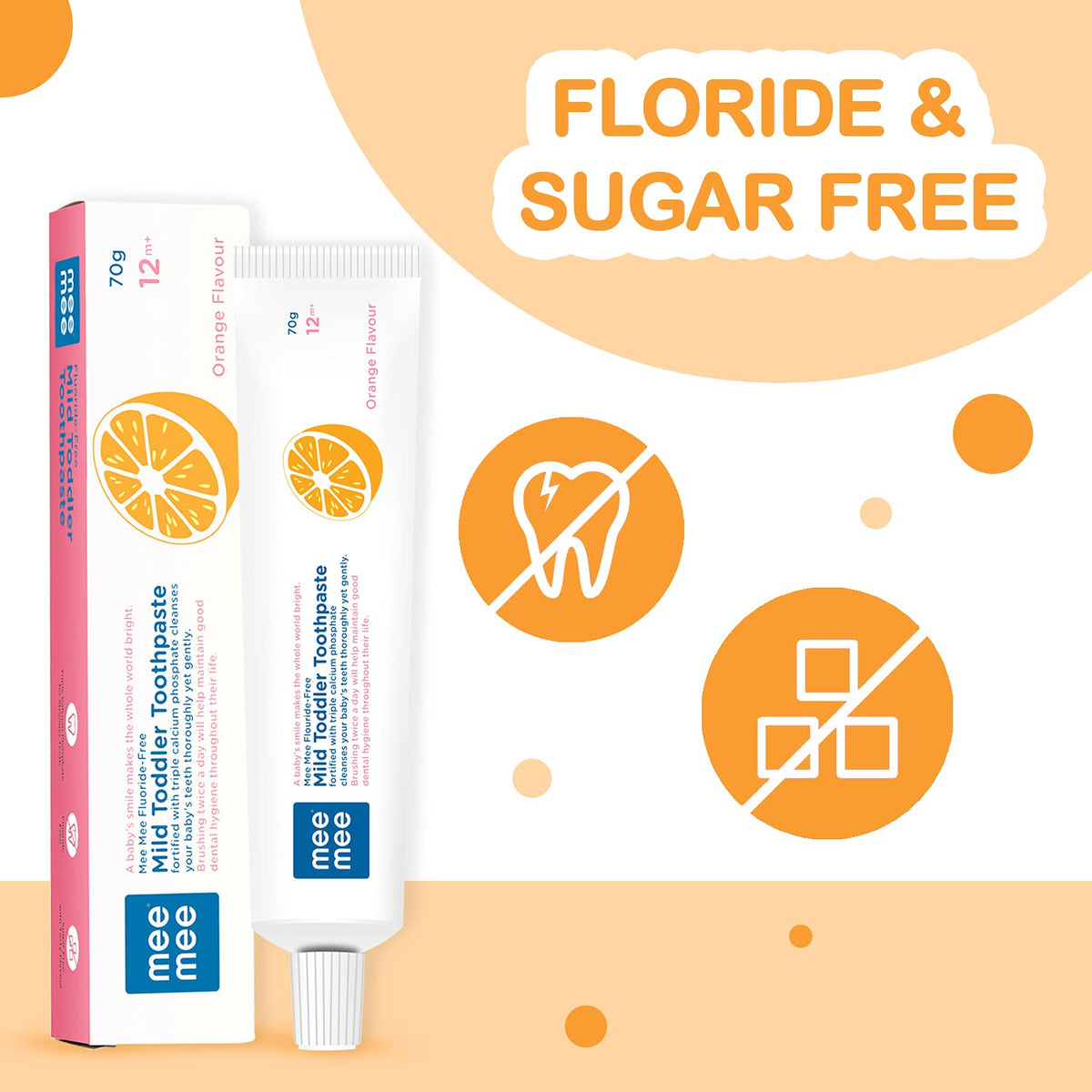 Mee Mee Fluoride-Free Baby Tooth Paste for Kids & Toddler 70 gram Fortified with Triple Calcium Phosphate, Cavity Protection, Oral Care, Best for Baby 1-5 Years (Orange, Pack of 1)