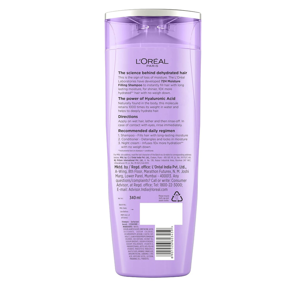 L'Oreal Paris Moisture Filling Shampoo, With Hyaluronic Acid, Hyaluron 72H, 340ml