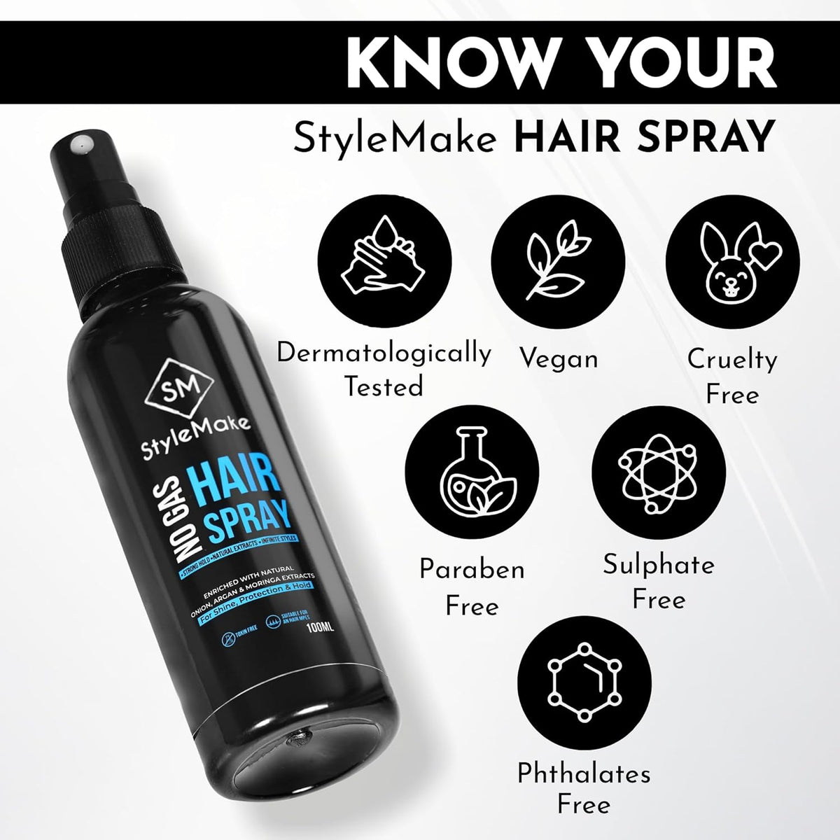 StyleMake Hair Lock Spray for Men & Women - Extreme Hold - 100 ml | Natural Extracts of Onion, Argan & Moringa | Quick Hair Styling and Setting