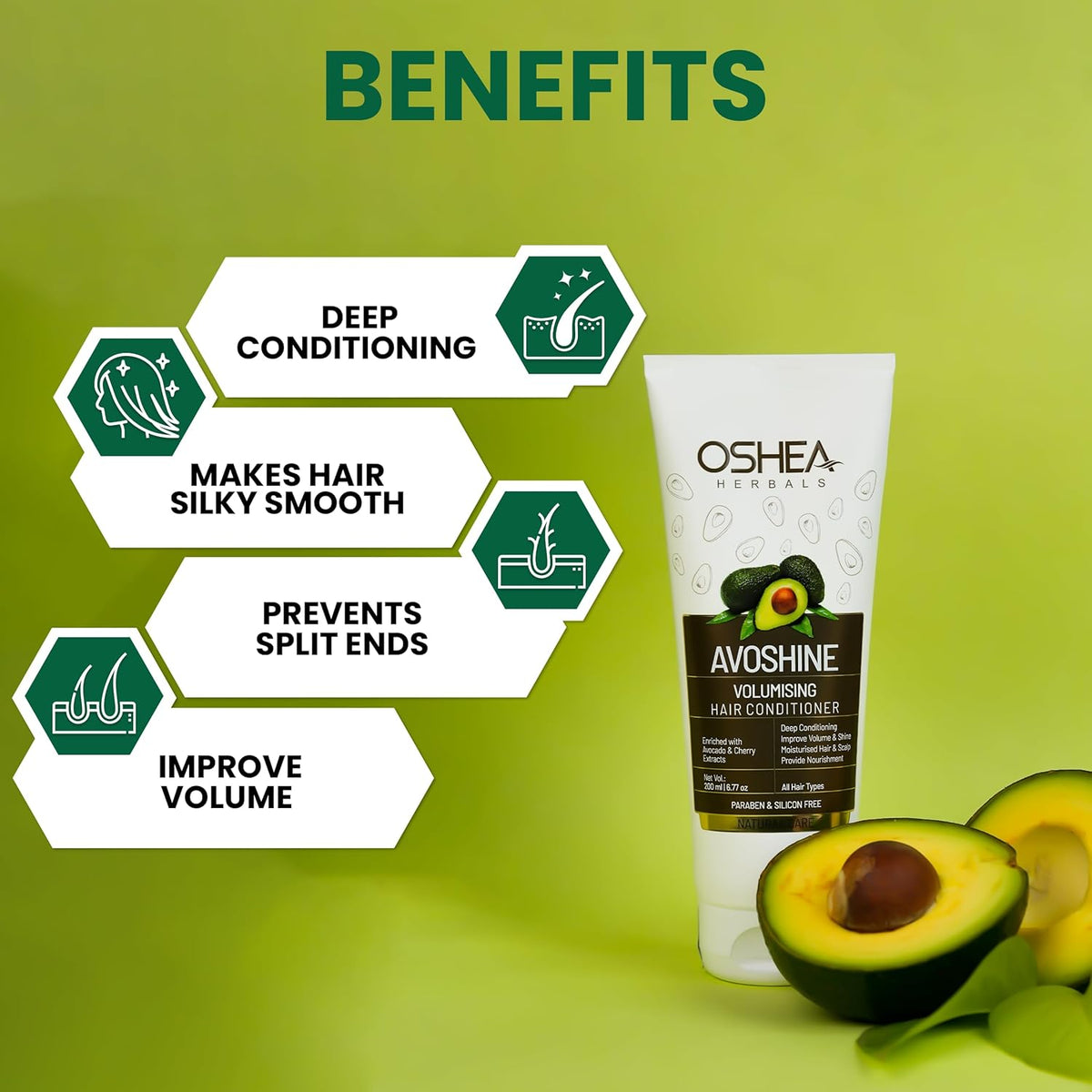 Oshea Herbals Avoshine Volumizing Nourishing Hair Conditioner | Deep Conditioning for Improved Volume and Frizz Control | Enriched with Avocado & Cherry Extract | Paraben & Silicone Free 200ml