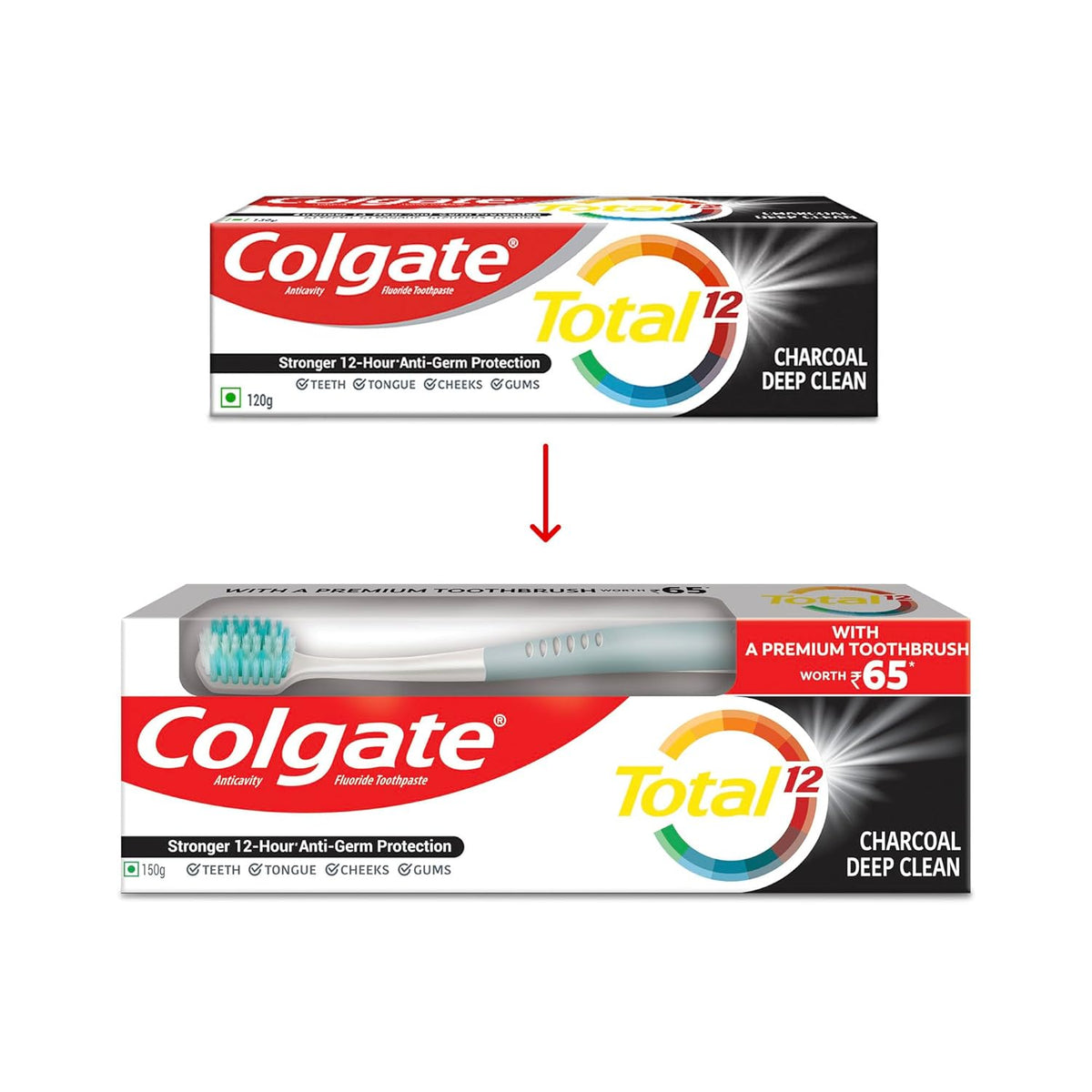 Colgate Total 150Gm Charcoal Deep Clean Antibacterial Toothpaste, Stronger 12-Hour Anti-Germ Protection, Whole Mouth Health, World'S No.1* Germ-Fighting Toothpaste (Combo Pack Offer, Soft Toothbrush)