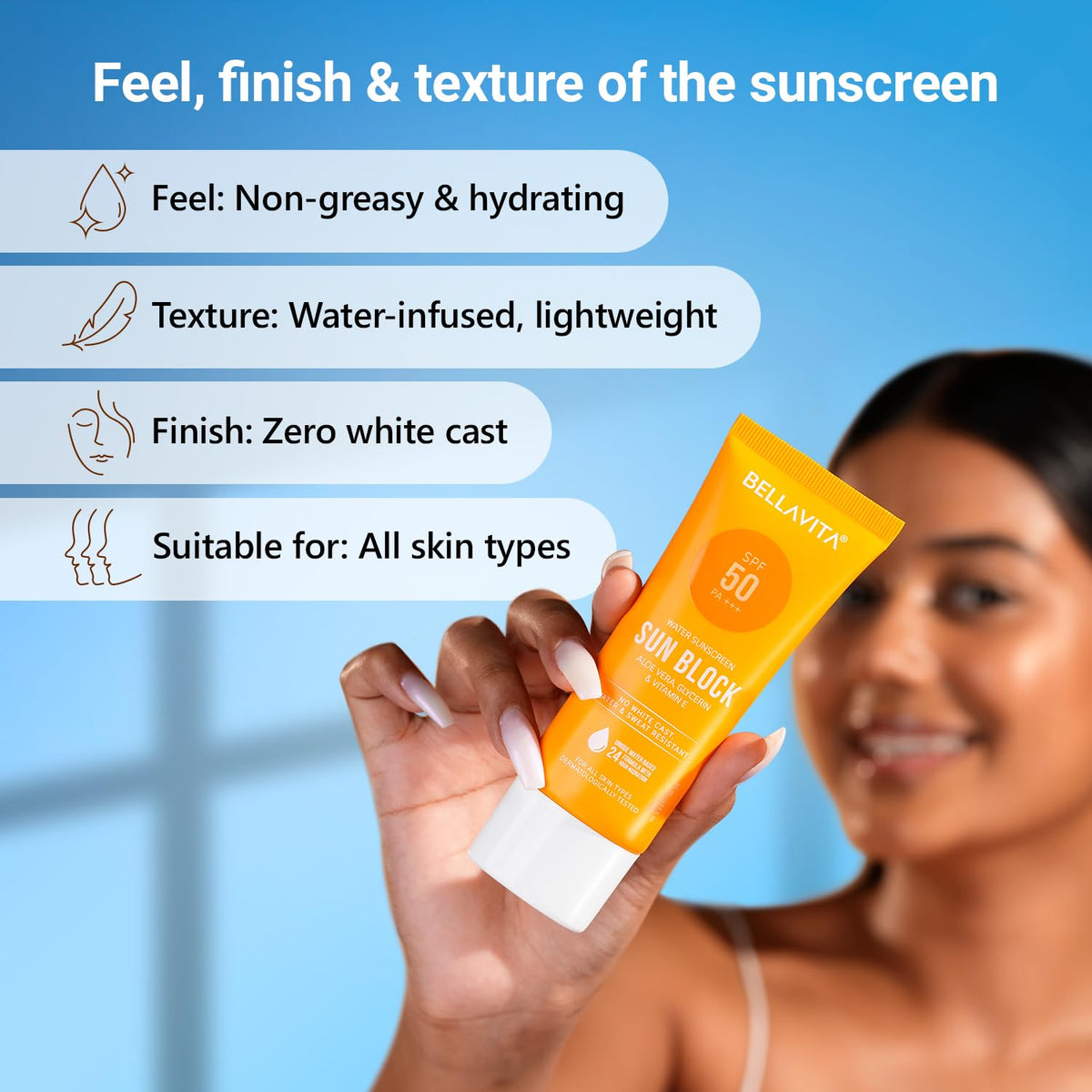 BELLAVITA Water based Hydrating Sunscreen, SPF 50, Lightweight, Photostable, PA+++, For All Skin Types, No White Cast, Non - Greasy Finish, UV Protection, Broad Spectrum, For Men & Women, 50ML