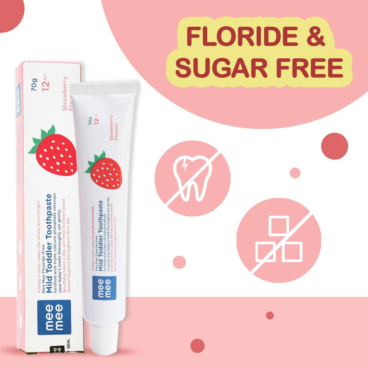 Mee Mee Baby Toothpaste Fluoride Free 70 Gram | Strawberry Flavour Toothpaste For Babies & Toddlers of 1 to 5 Years For cavity Protection, Oral Care (Pack of 1)