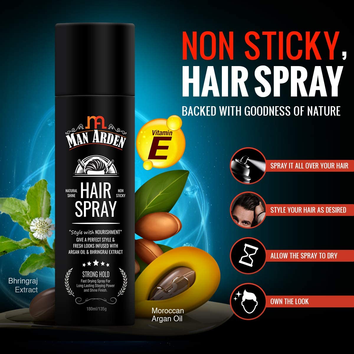 Man Arden Hair Spray - Strong Hold, Styling with Nourishment - Argan Oil and Bhringraj, 180 ml