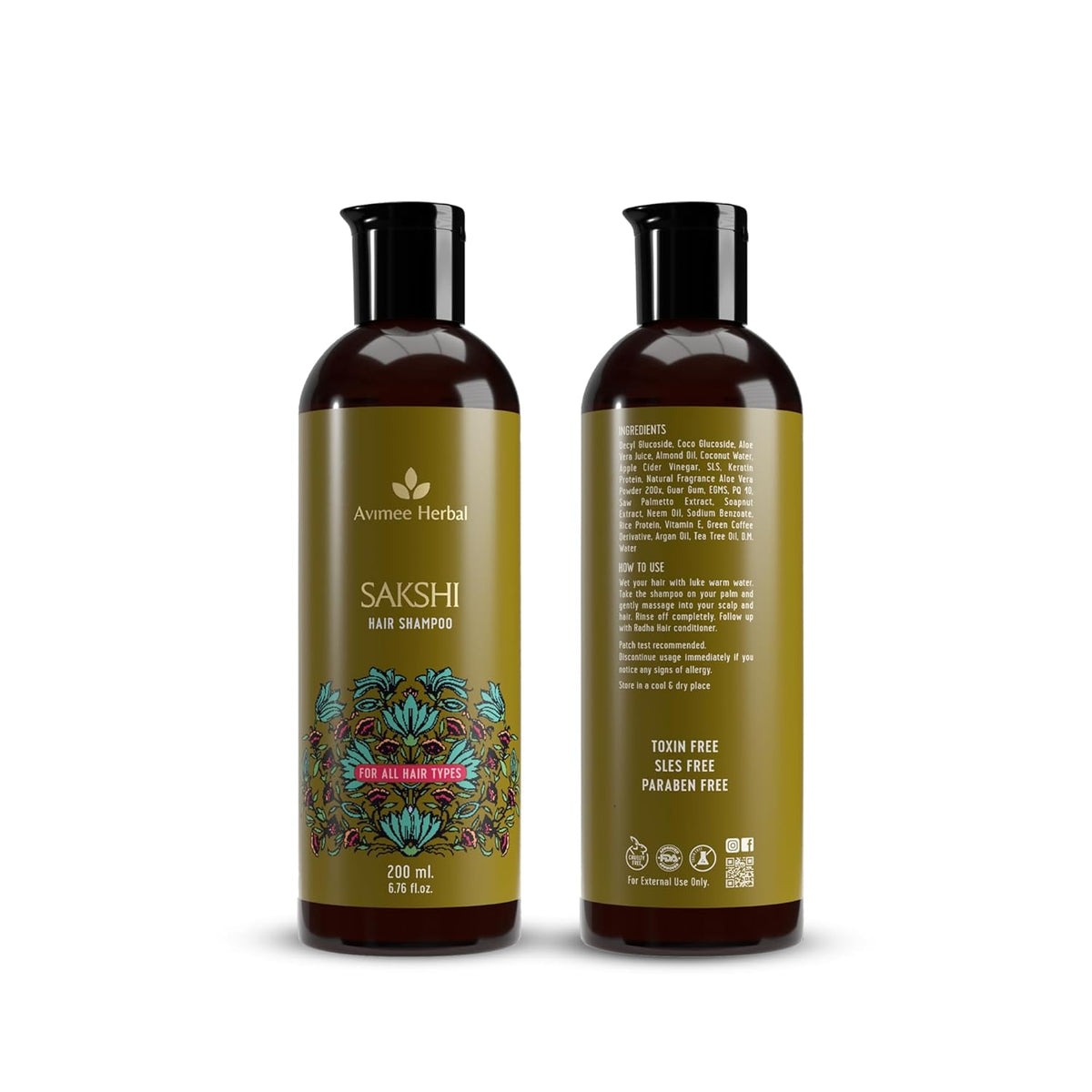 Avimee Herbal Sakshi Hair Shampoo | Deep Cleaning Shampoo | With Aloe Vera, Apple Cider Vinegar, Rice Protein & Tea Tree Oil | SLES Free | 200 mL