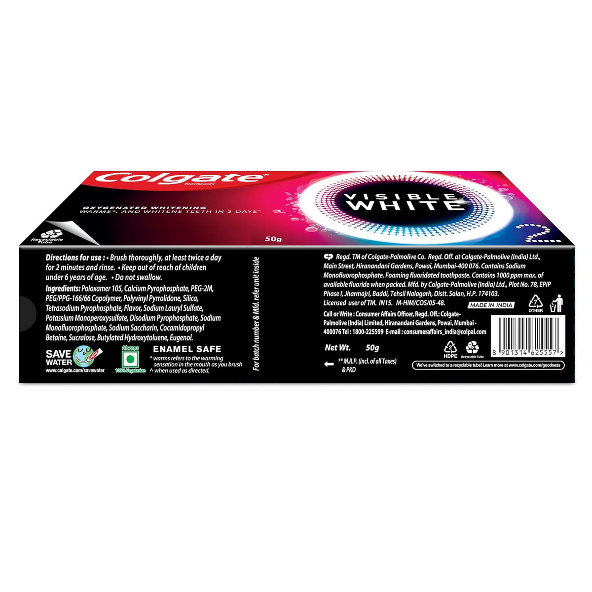 Colgate Visible White O2, Teeth Whitening Toothpaste (50g) for noticeably whiter teeth starting in 3 days. Peppermint Sparkle with Active Technology, Enamel Safe Teeth Whitening & Fresh Breath