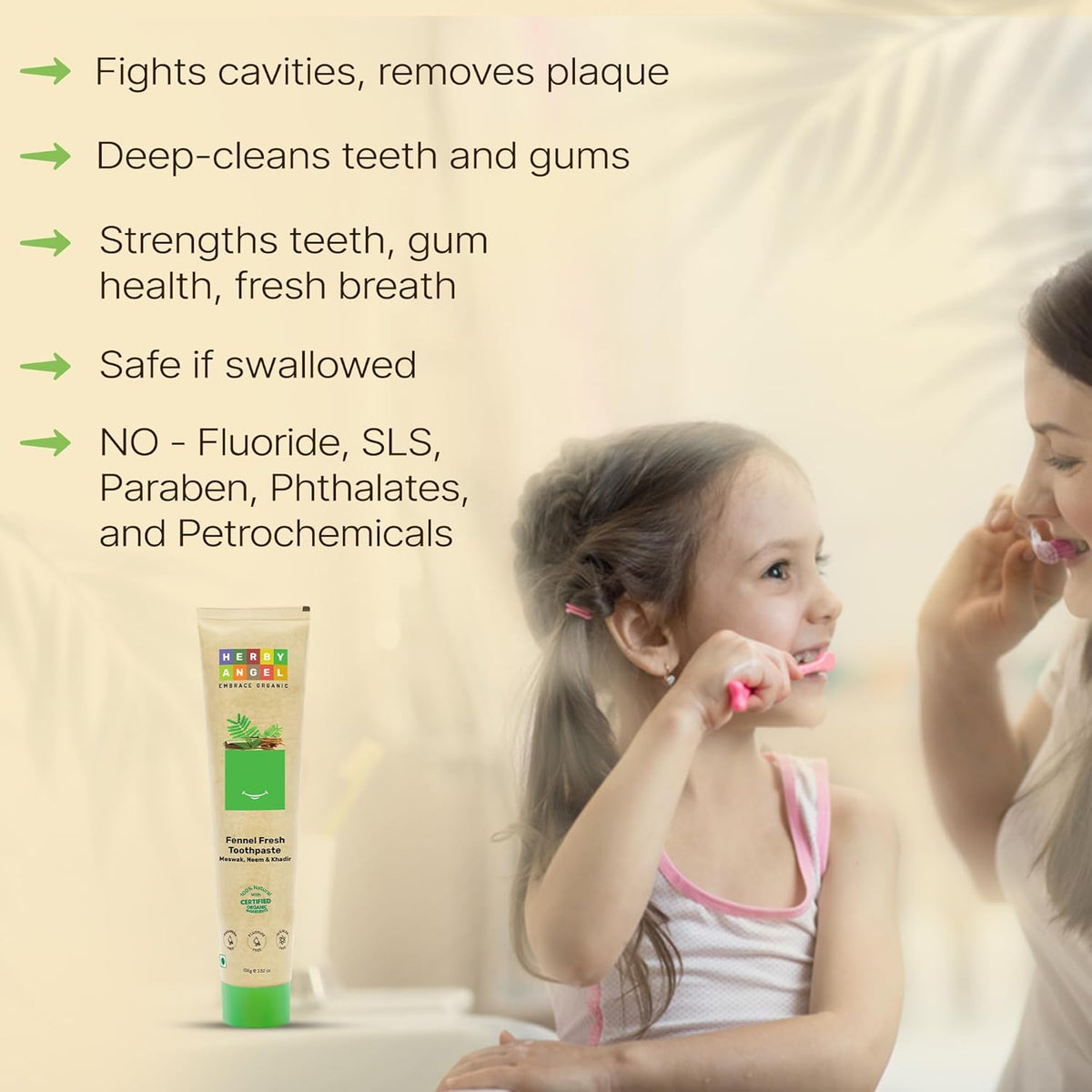 Herby Angel Baby Toothpaste for Strong Teeth, Healthy Gums & Cavity Protection - 100% Natural & Organic Tooth Paste for Kids Ages 12 Months & Above - 100 gm