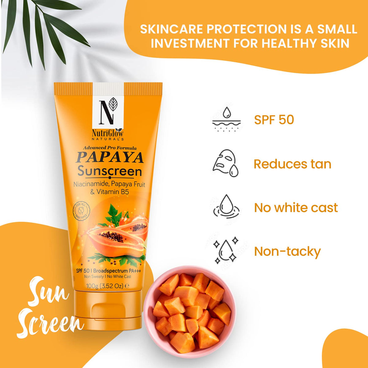 Papaya Sunscreen SPF 50, PA+++ No White Cast, Non-Greasy, with Broad Spectrum, UV A & UV B Blue Light Protection, for Men & Women Suitable for Oily, Dry, Sensitive & Combination Skin (100 g)