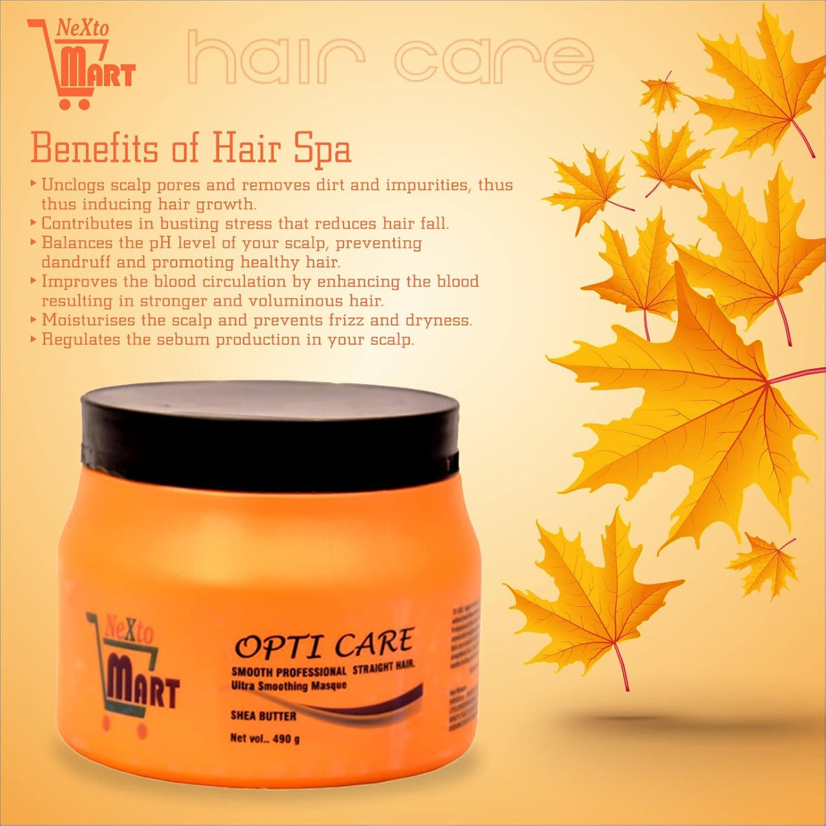 NEXTOMART Opti Care Smooth Professional Straight Hair Ultra Smoothing Masque – Enriched with Shea Butter | Orange Color | 1 Piece of Intensely Hydrating Hair Treatment