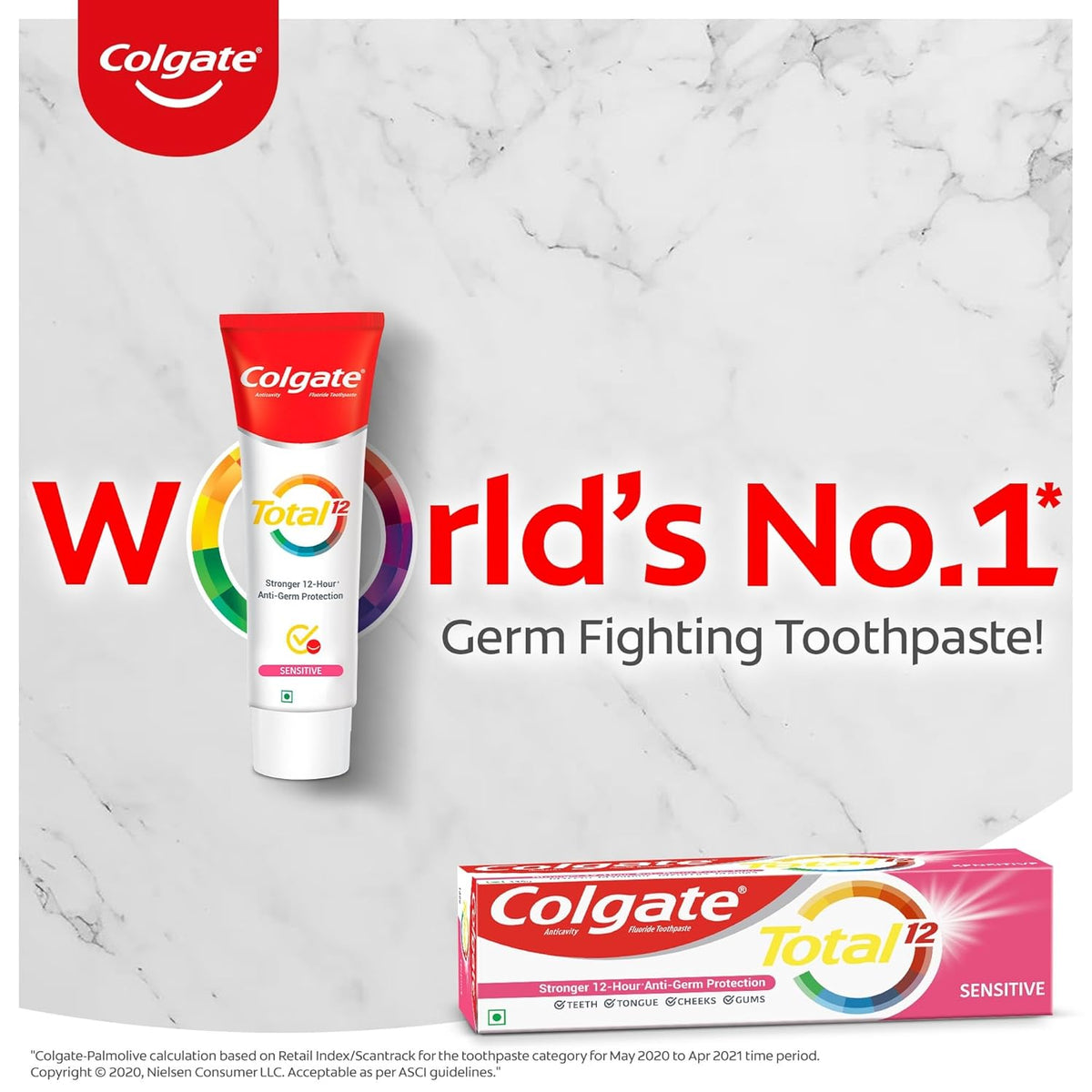 Colgate Total Sensitive Toothpaste 120 gm, Antibacterial Tooth paste, Whole Mouth Health, World's No. 1* Germ-fighting Toothpaste