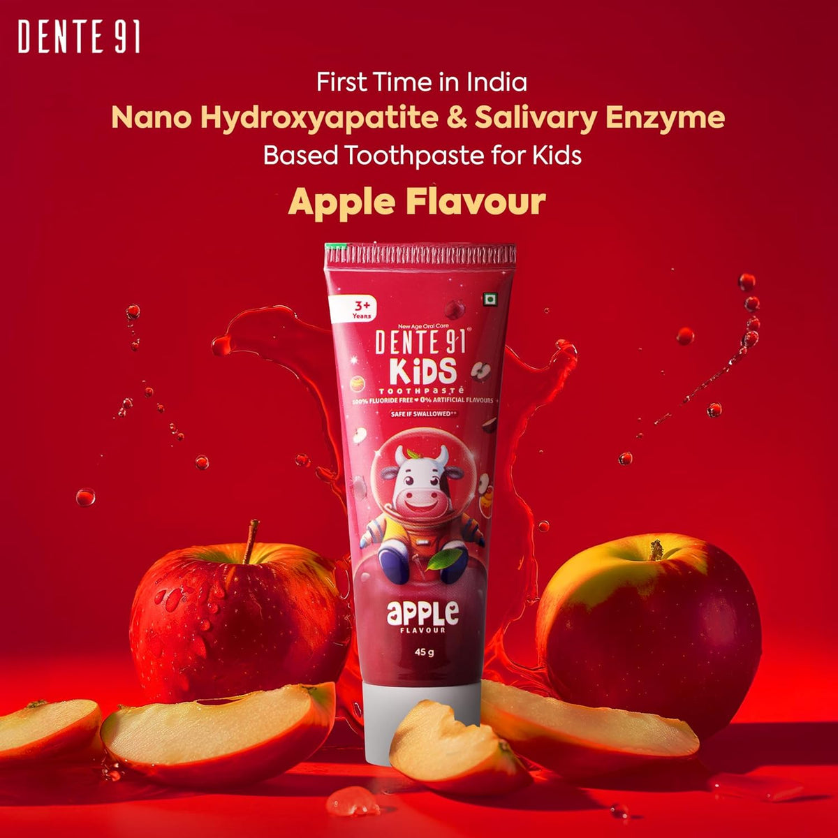 Dente91 Kids Toothpaste, Protects against dental caries & Hypersensitivity, Fluoride Free, Apple Flavour - 45g