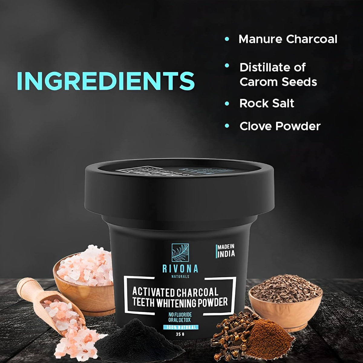 RIVONA NATURALS Activated Charcoal Teeth Whitening Powder - For Enamel Safe Teeth Whitening, Stain Remover, Freshens Breath - With Activated Charcoal, Turmeric & Clove Powder - 35g (Fluoride Free)