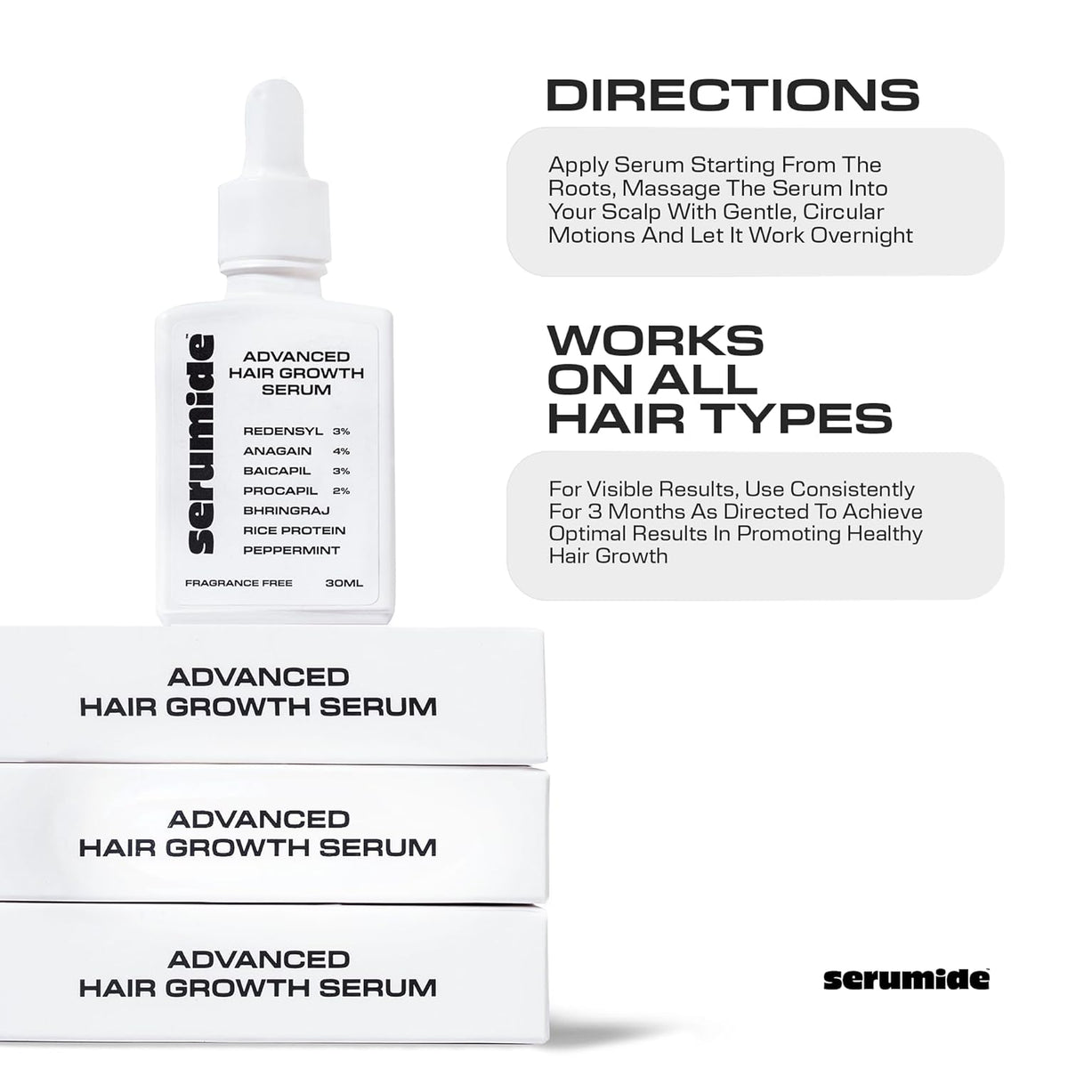 Serumide Advanced Hair Growth Serum | 3% Redensyl, 4% Anagain, 3% Baicapil, 2% Procapil, Bhringraj, Rice Protein | Stimulates Hair Growth & Reduces Hair Fall | Hair Growth Serum For Men & Women | 30ml