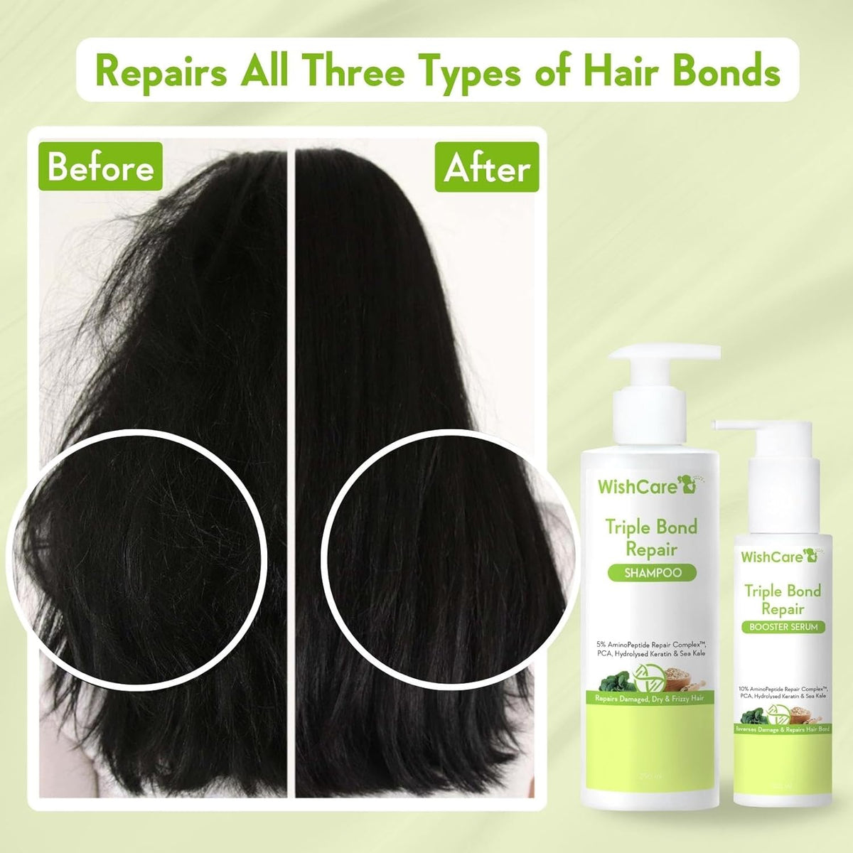 WishCare Triple Bond Repair Booster Hair Serum - 10% AminoPeptide Complex - Repairs Damaged & Frizzy Hair 100ml