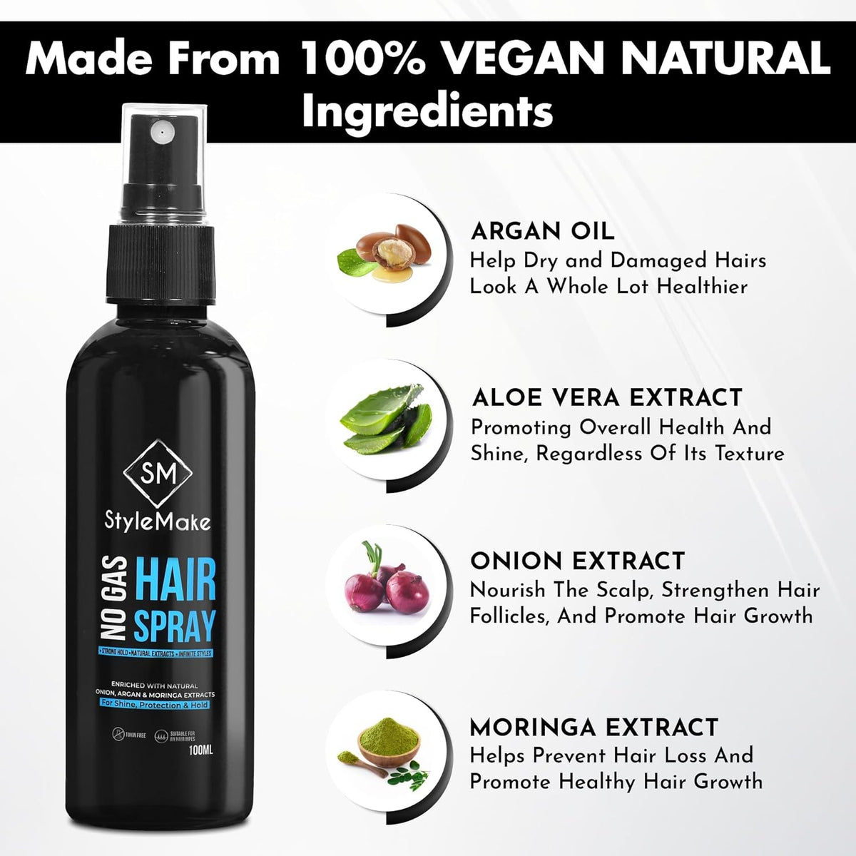 StyleMake Hair Lock Spray for Men & Women - Extreme Hold - 100 ml | Natural Extracts of Onion, Argan & Moringa | Quick Hair Styling and Setting