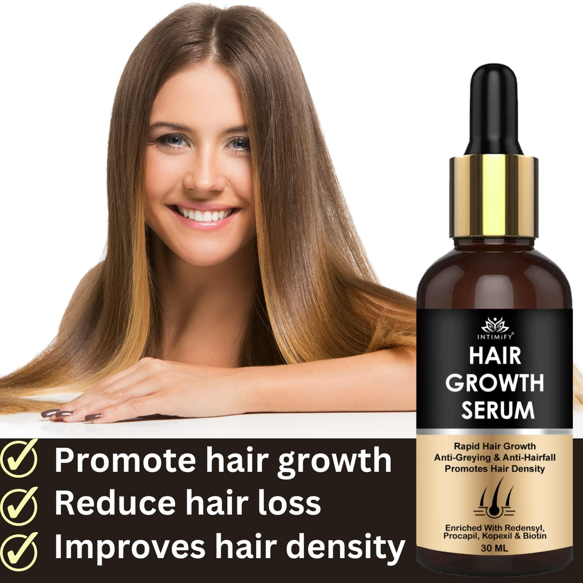 INTIMIFY Hair Growth Serum for Men and Women | Reduces Hair Fall | Frizz Control | Contains Redensyl, Biotin 30 ml