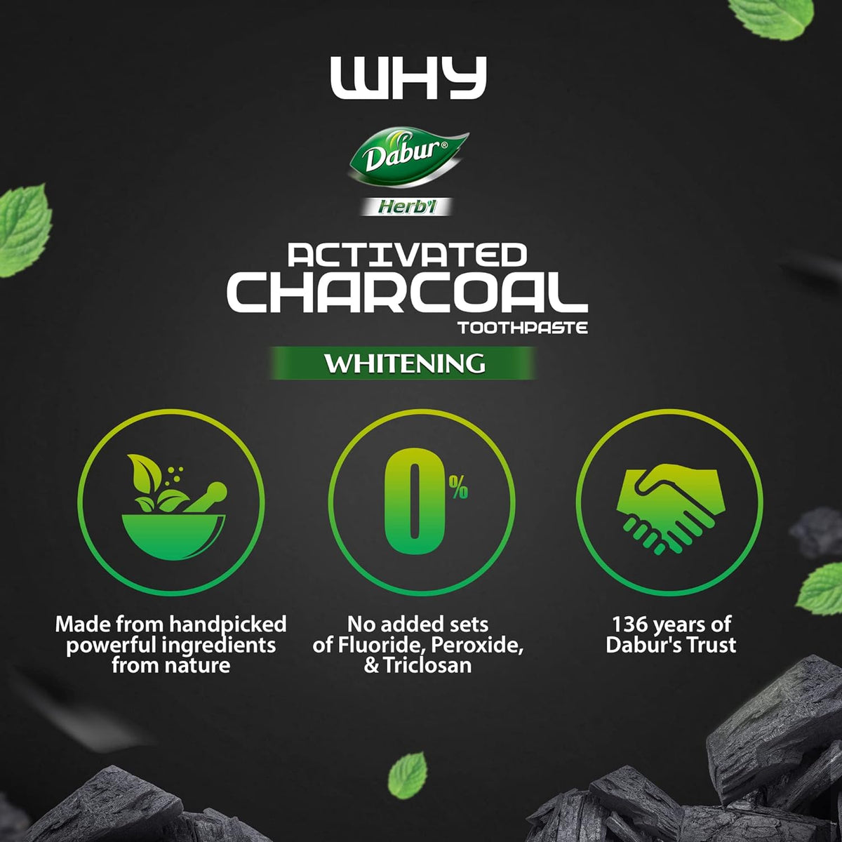 DABUR Herb'L Activated Charcoal Toothpaste-120G|Black Gel Toothpaste|Whitening Toothpaste|Fluoride Free|Fights Plaque&Extrinsic Stains|With Power Of Charcoal&Mint|Cool&Refreshing Mouth Experience