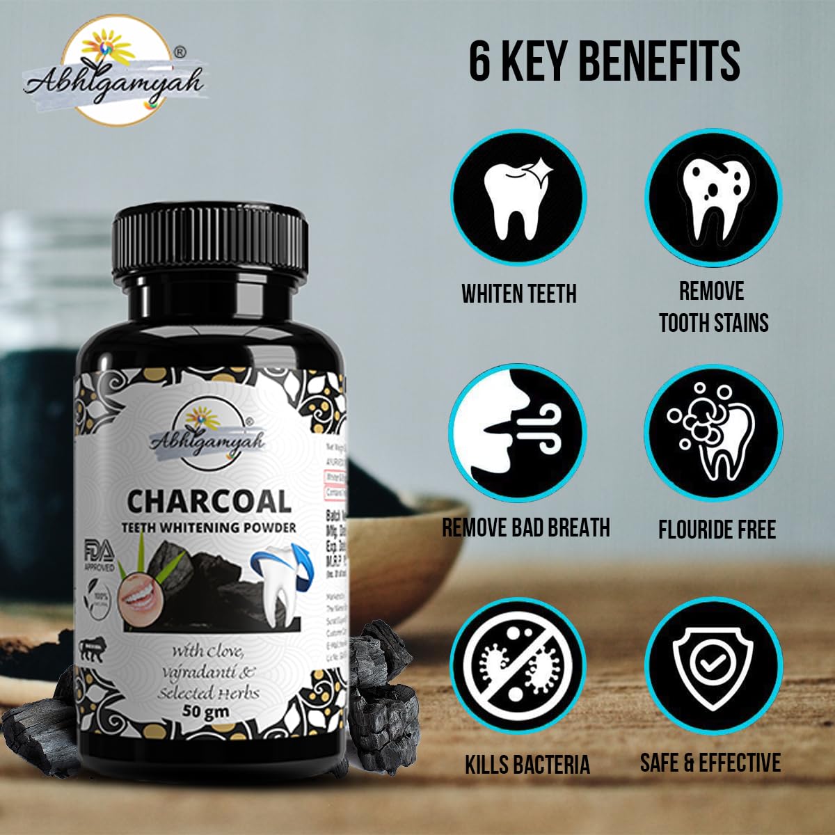 Abhigamyah Charcoal Teeth Whitening Powder, With Clove,Vajradanti & Selected Herbs, Gutkha Stain and Yellow Teeth Removal powder (50 g) Pack Of -1