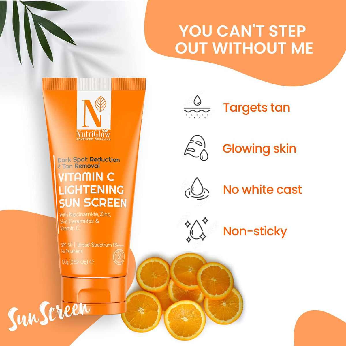 NutriGlow NATURAL'S Advanced Pro Formula Vitamin C Lightening Sunscreen SPF 50 & PA+++, For Deep Moisturization, Non-Greasy, Quick-Absorbing, Zero White Cast, For Women & Men UV A UV B Sun Protection(100 g)