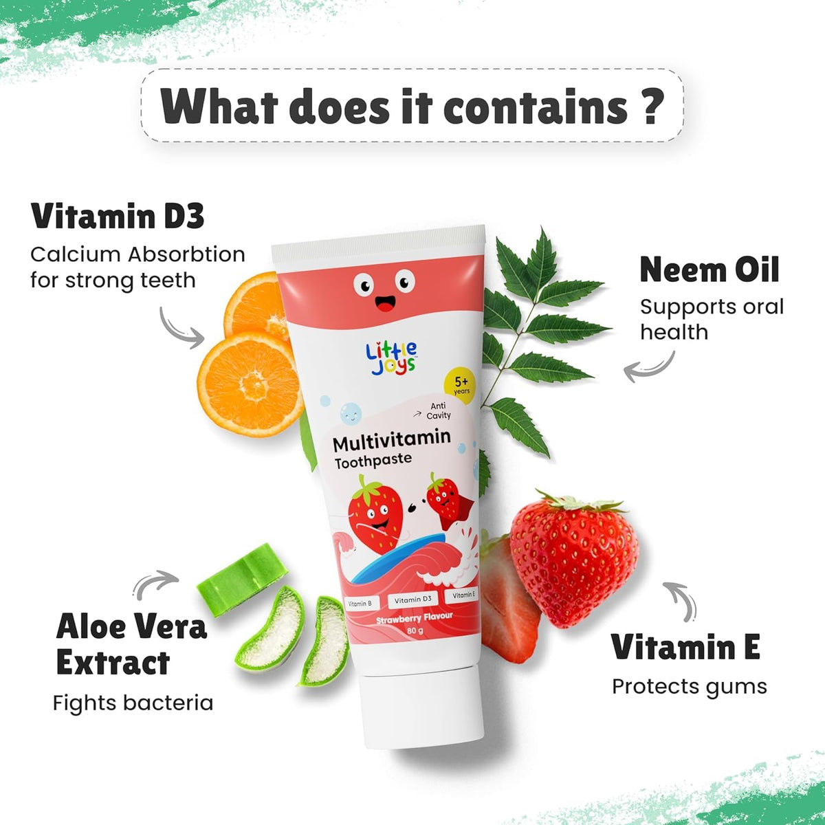 Little Joys Multivitamin Toothpaste 80g | for 5+ Years Kids | Strawberry Flavour | With Vitamin A, D3 & E | Fights Germs & Cavity