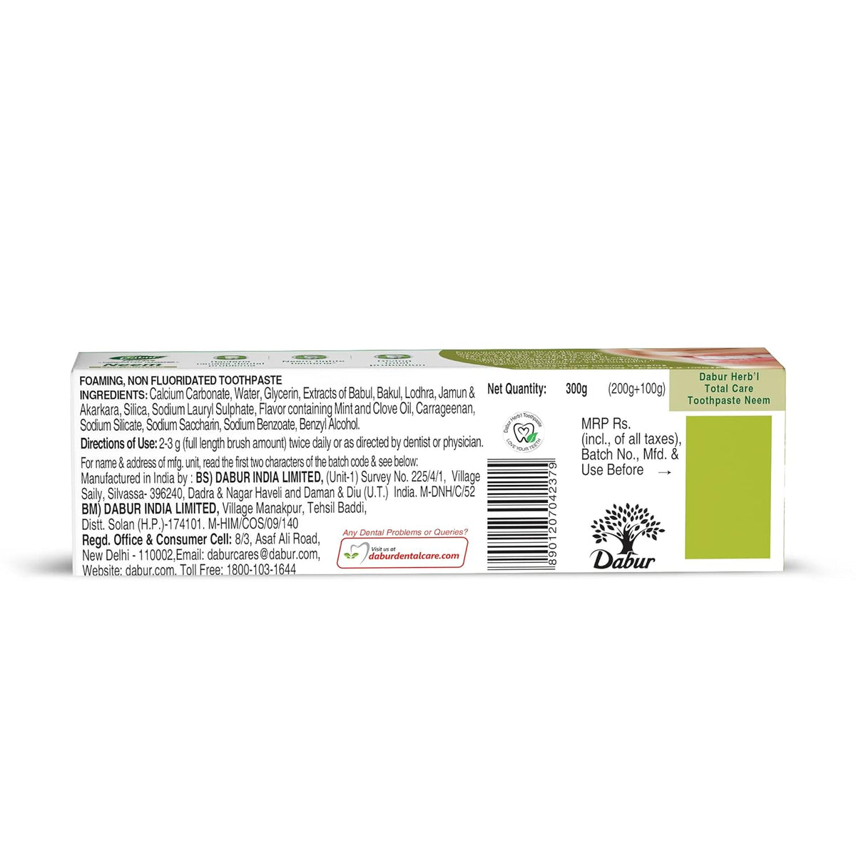 Dabur Herb'l Neem 300g (200g + 100g) - Germ Protection Toothpaste with No added Fluoride and Parabens