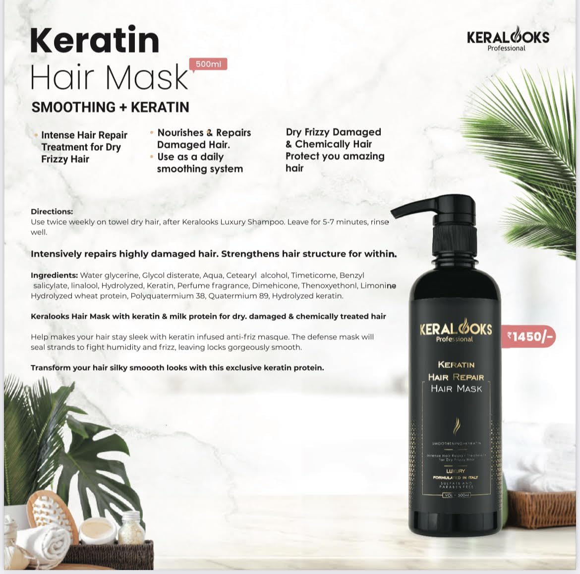 Keralooks professional Sulphate free shampoo|500ml|Hair mask 500ml|Argan hair serum|50ml| (COMBO SET)