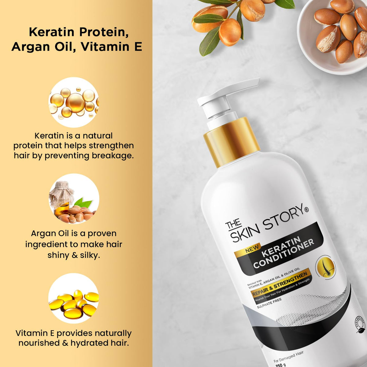 The Skin Story Sulphate Free Conditioner for Coloured & Treated Hair | Repair Split Ends & Damaged Hair | Keratin Conditioner for Women and Men | For Frizzy, Dry, Shiny Hair | Enriched with Argan Oil | Vitamin E | 250g