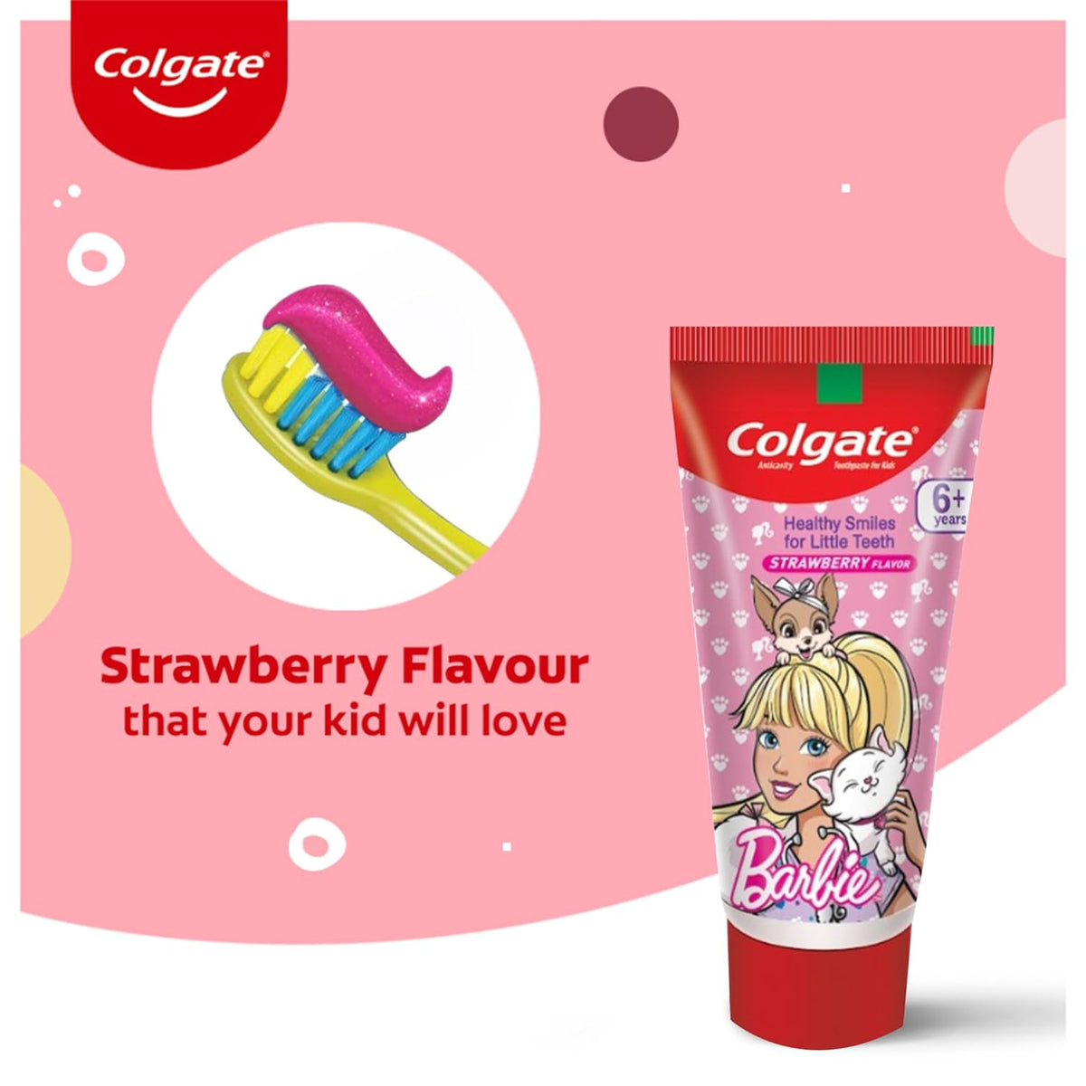 Colgate Kids Toothpaste For 6+ Years, Barbie, Strawberry Flavour, Gentle Protection Tooth Paste With 50% Lesser Abrasive Formula For Protecting Against Cavities , Enamel Protection- 80G