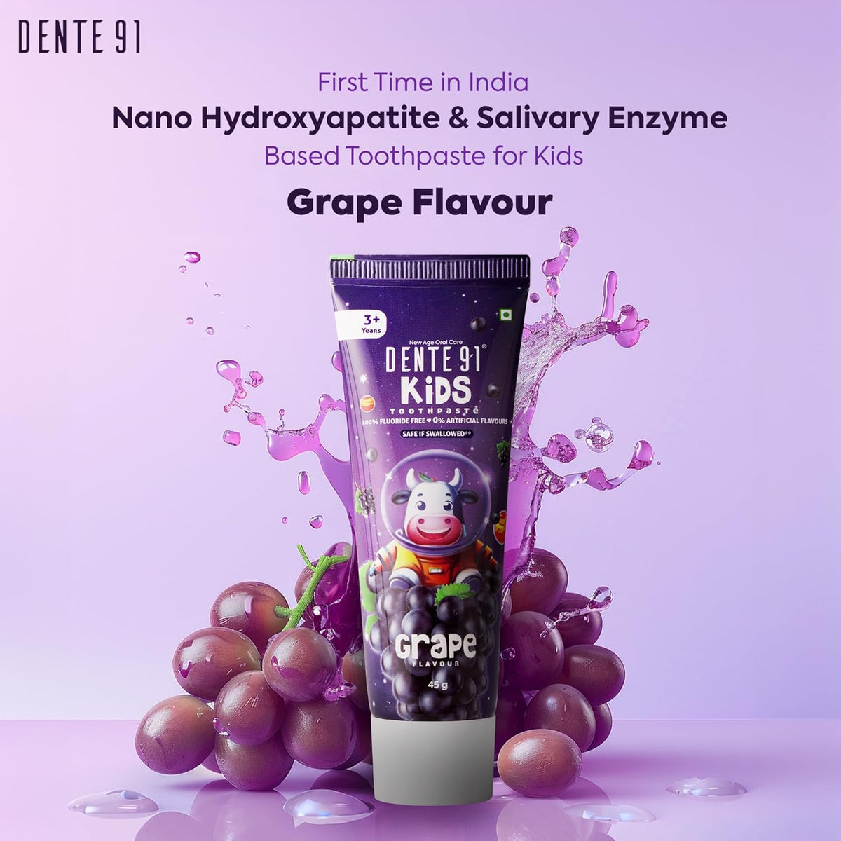 Dente91 Kids Toothpaste, Protects against dental caries & Hypersensitivity, Fluoride Free, Grape Flavour - 45g