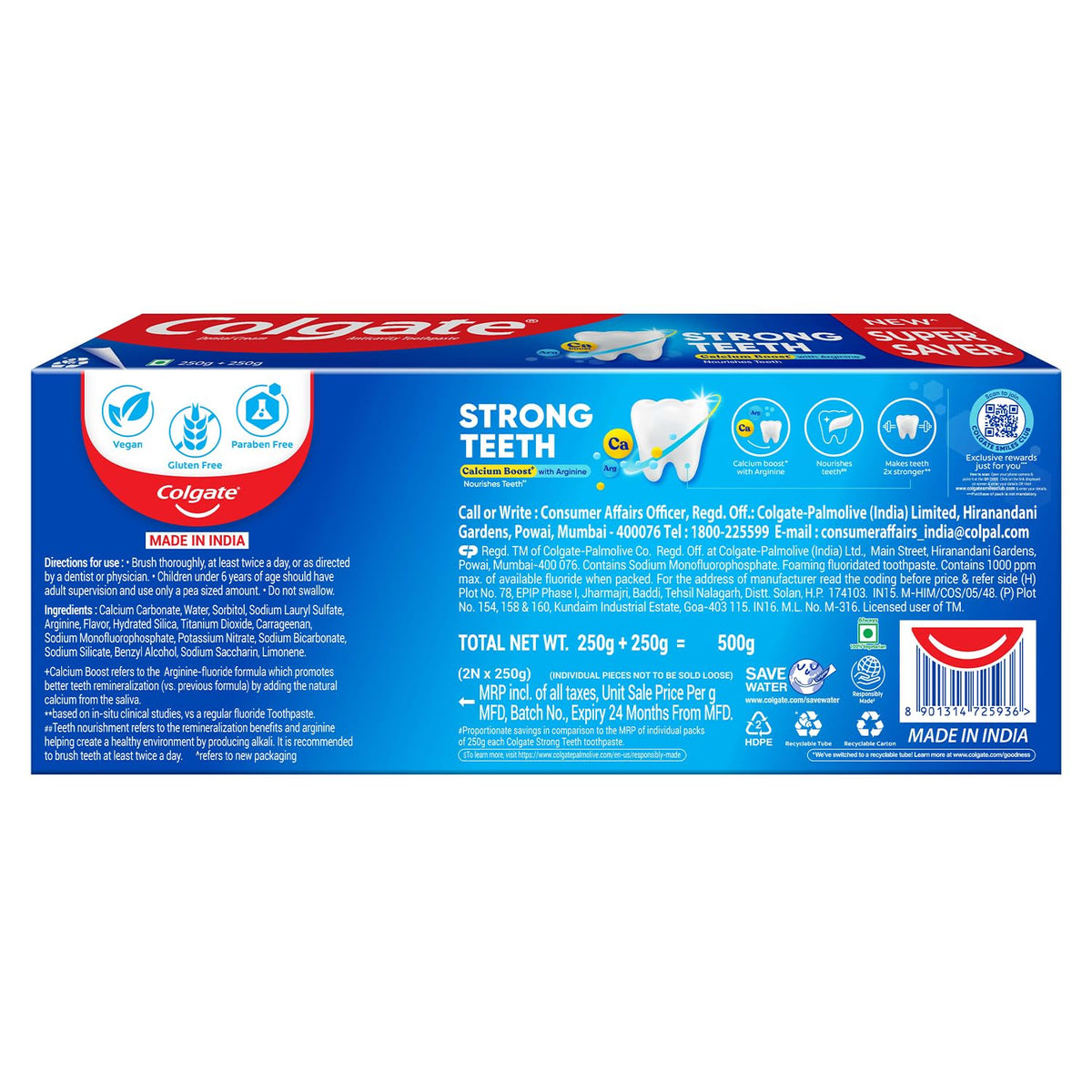 Colgate Strong Teeth Toothpaste, 500g, India’s No: 1 Toothpaste Brand, Calcium-boost Tooth Paste for 2X Stronger Teeth, Whitens Teeth, Fresh Breath & Prevents Cavities (Combo Pack Offer)