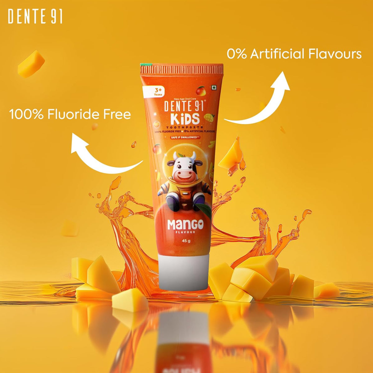 Dente91 Kids Toothpaste, Protects against dental caries & Hypersensitivity, Fluoride Free, Mango Flavour - 45g