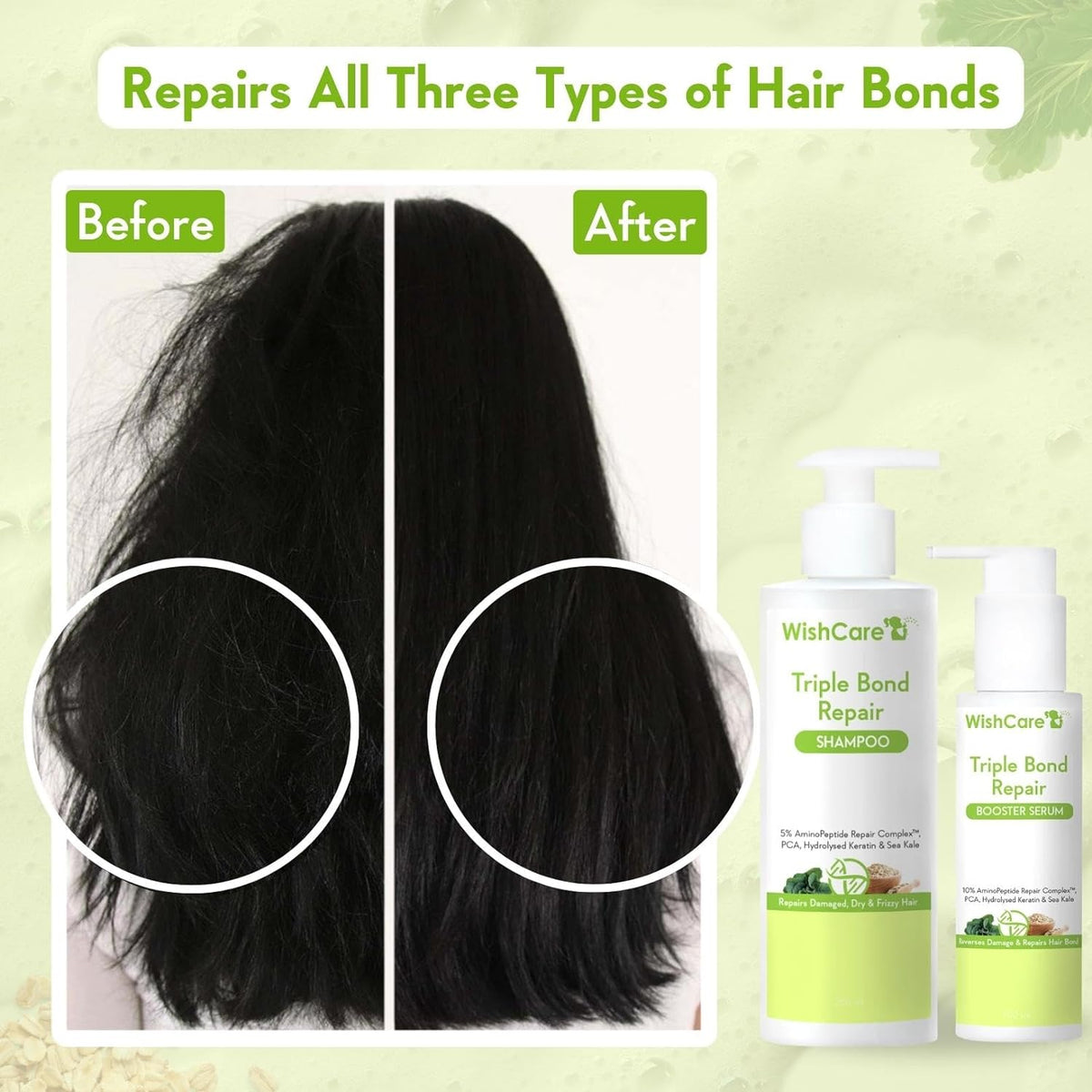 WishCare Triple Bond Repair Shampoo for Dry & Frizzy Hair - 5% AminoPeptide Complex & PCA - Repairs Damaged & Frizzy Hair 250ml