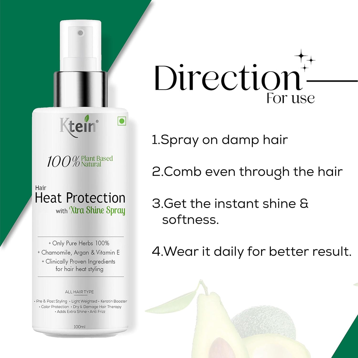 100% Plant Based Hair Heat Protection Spray with EXTRA SHINE, Chamomile, Argan and Vitamin E 100ml