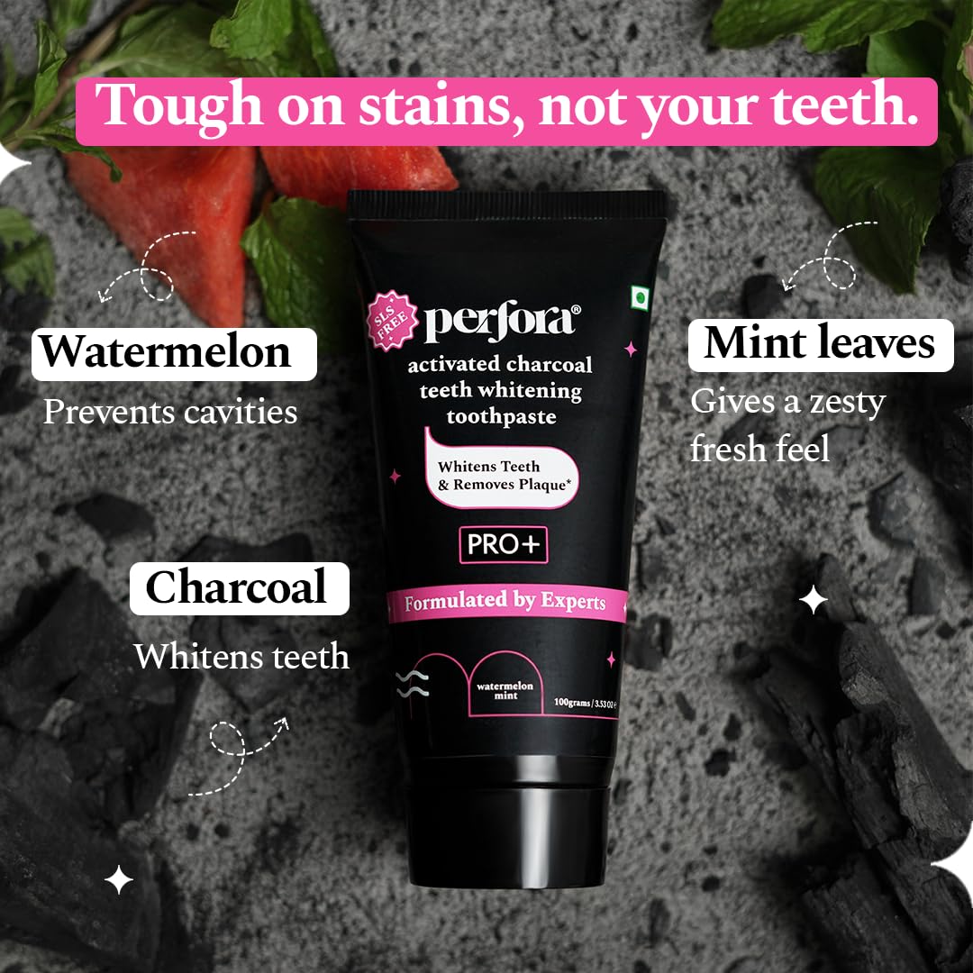 Perfora Activated Charcoal Whitening Toothpaste 300 gms (100 g x 3) | Enamel Safe Teeth Whitening Toothpaste for Men & Women | Removes Coffee, Tobacco & Wine Stains | SLS Free | Watermelon Mint